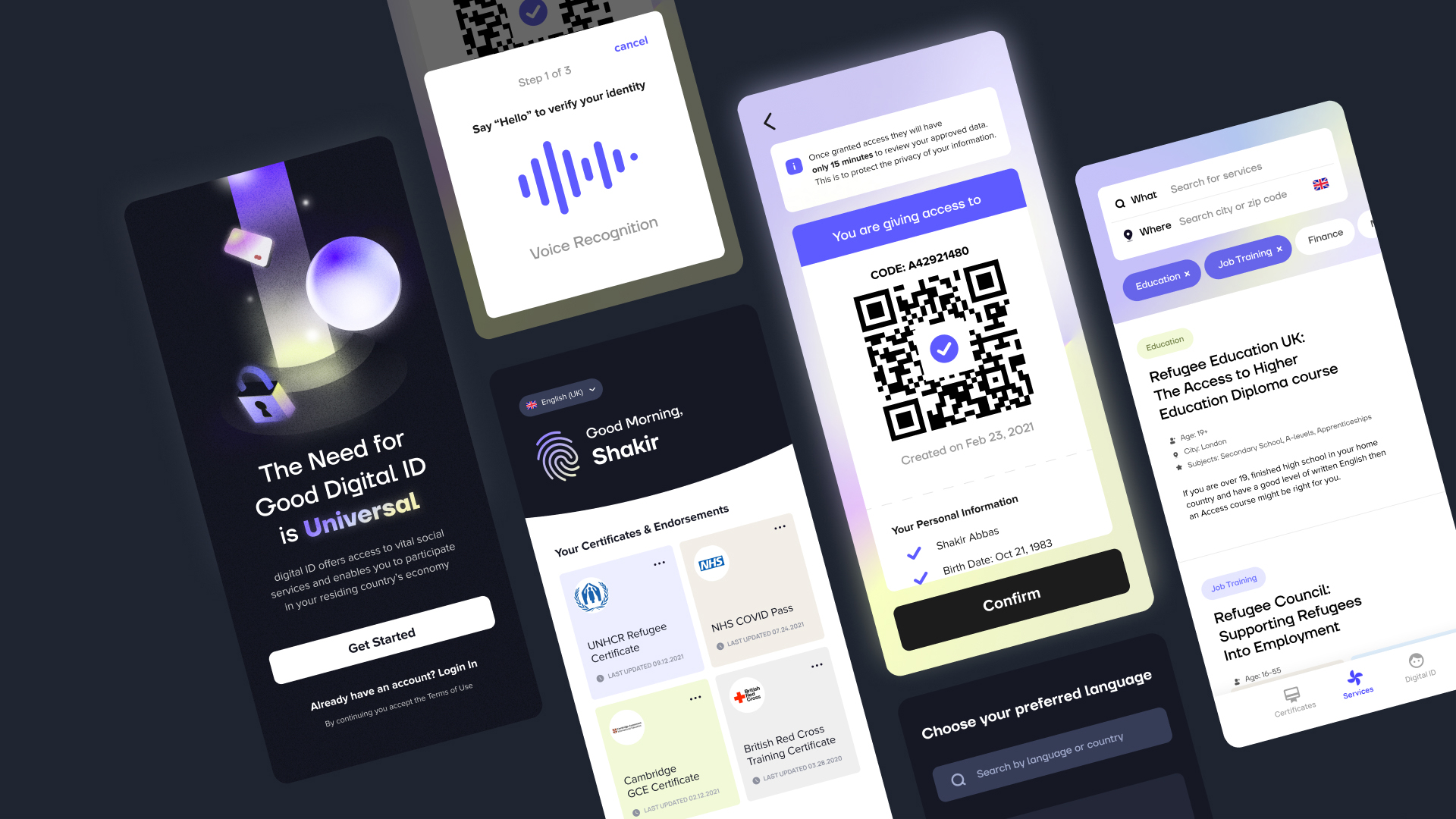 design prototype screens of revolv. a platform uses a blockchain-powered digital identity system to provide newcomers’ certified endorsement supported by professional training.