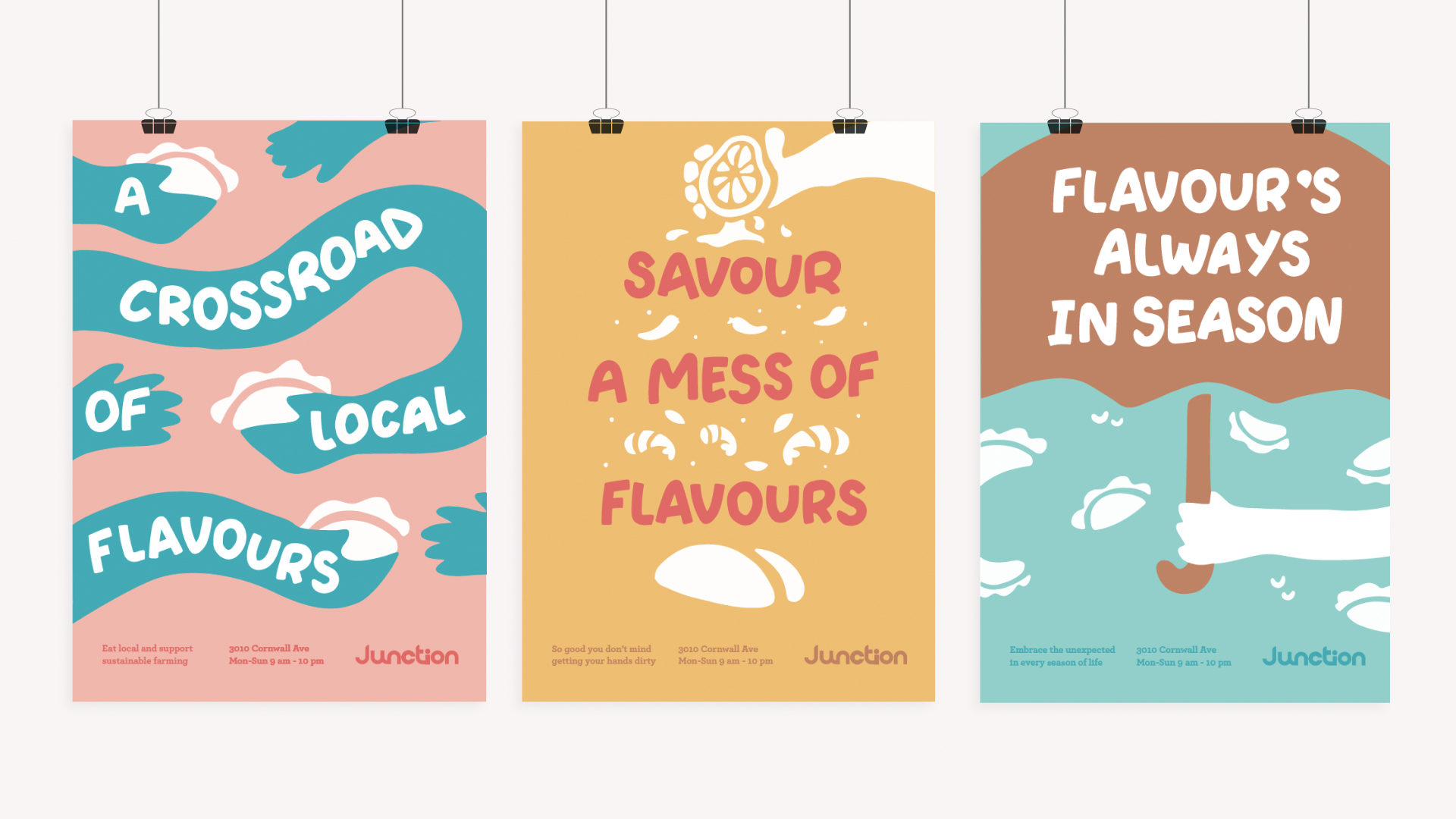 promotional posters of junction. text reads ‘a crossroad of local flavours”, ‘savour a mess of flavours’ and flavour’s always in season’.