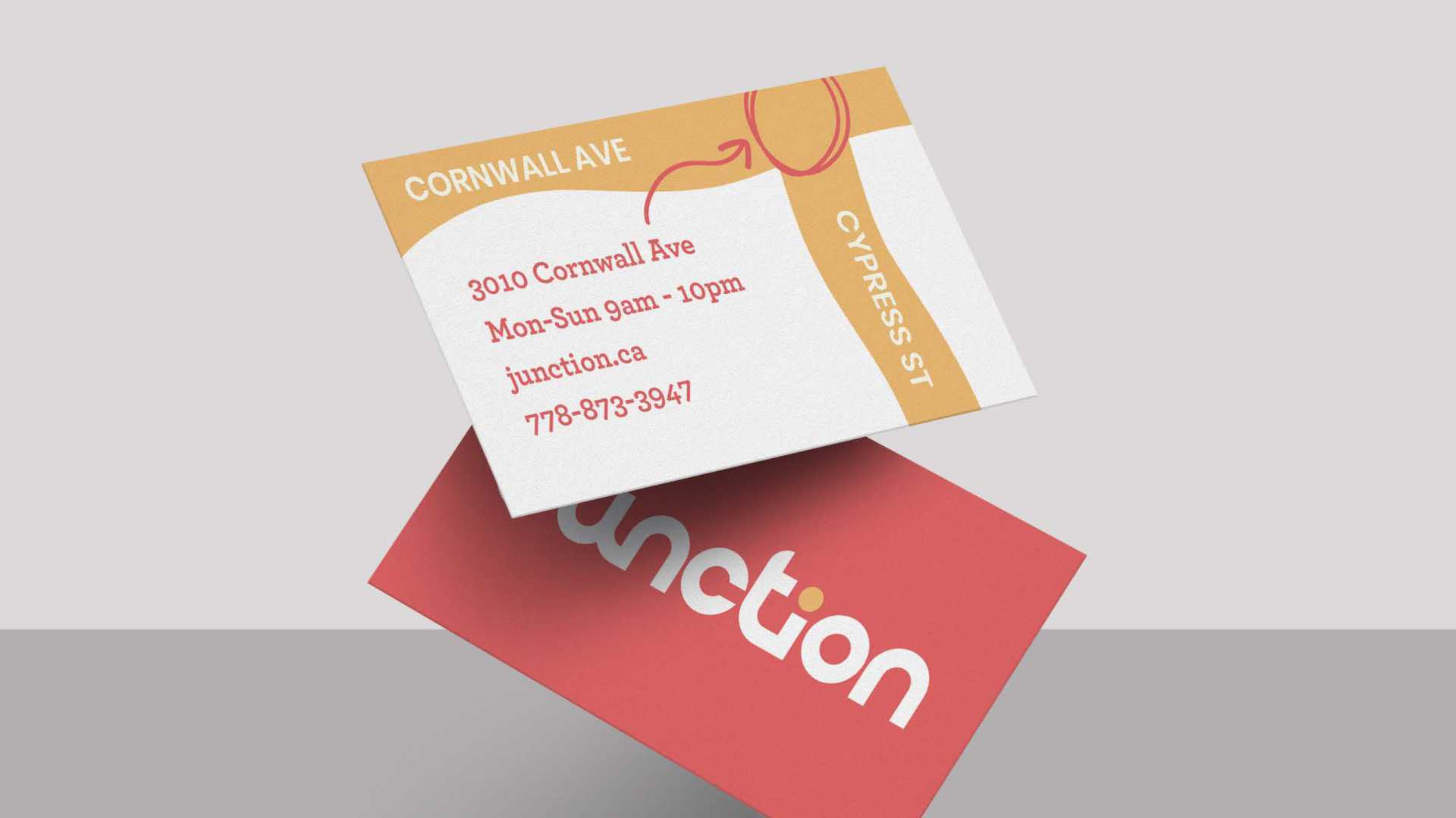 business cards of junction pointing at the intersection between cornwall aveune and cypress street located in vancouver, canada