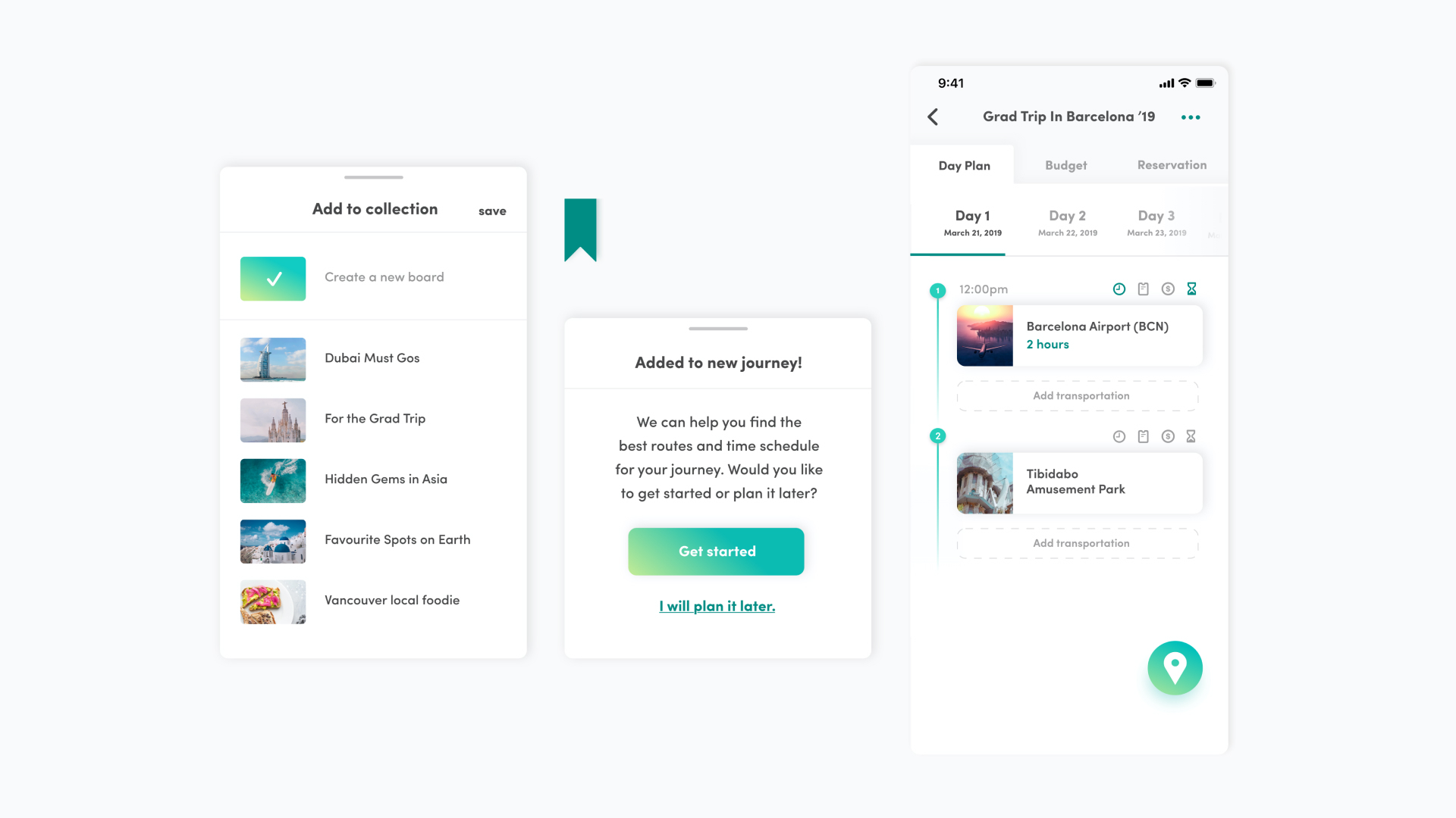 3 screens for trip planning. user flow includes ‘add to collection’, ‘added to new journey’ and ‘grad trip in barcelona 2019’.