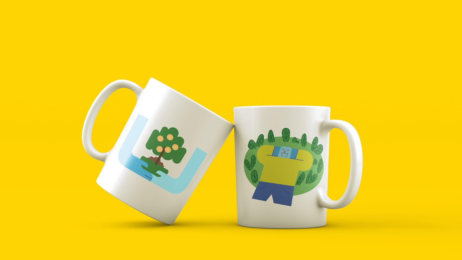 product shot of white mugs with a character in a bright yellow shirt lying down in grass relaxing and blue hands holding a tree with land and fruit