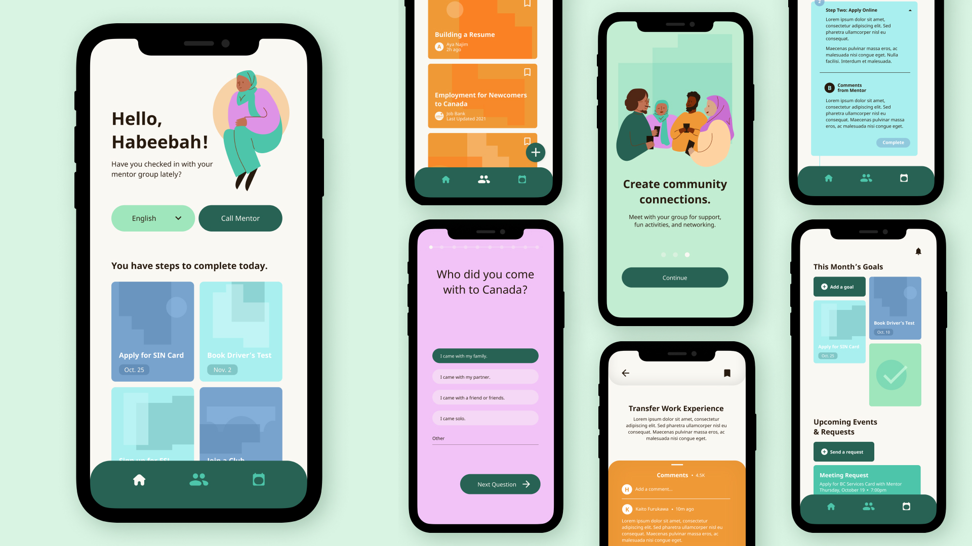 App-based system for newcomers to Canada, branding, packaging, diverse illustration, UX and UI design by Mikaela Johnson Capilano University IDEA graduate for WE