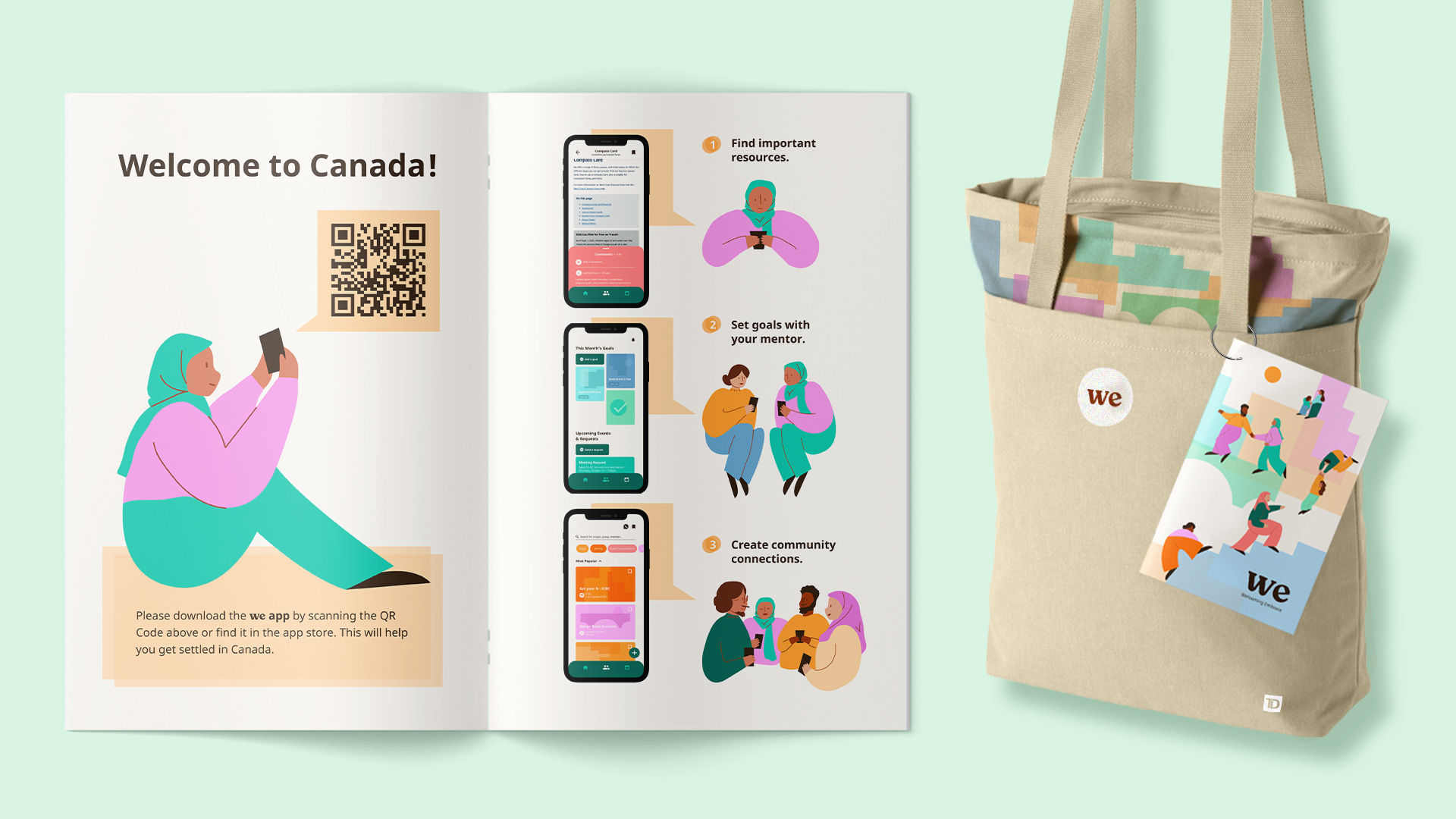 Branding, reuseable bag, booklet design, diverse illustration, for WE by Mikaela Johnson Capilano University IDEA grad 2022