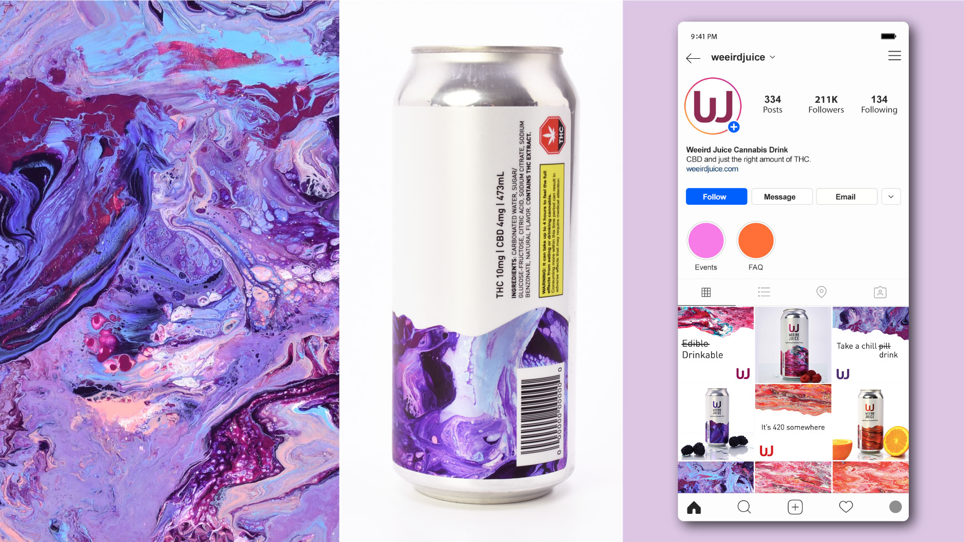 instagram advertising feed for a fictional cannabis brand weeird juice that creates cannabis beverages