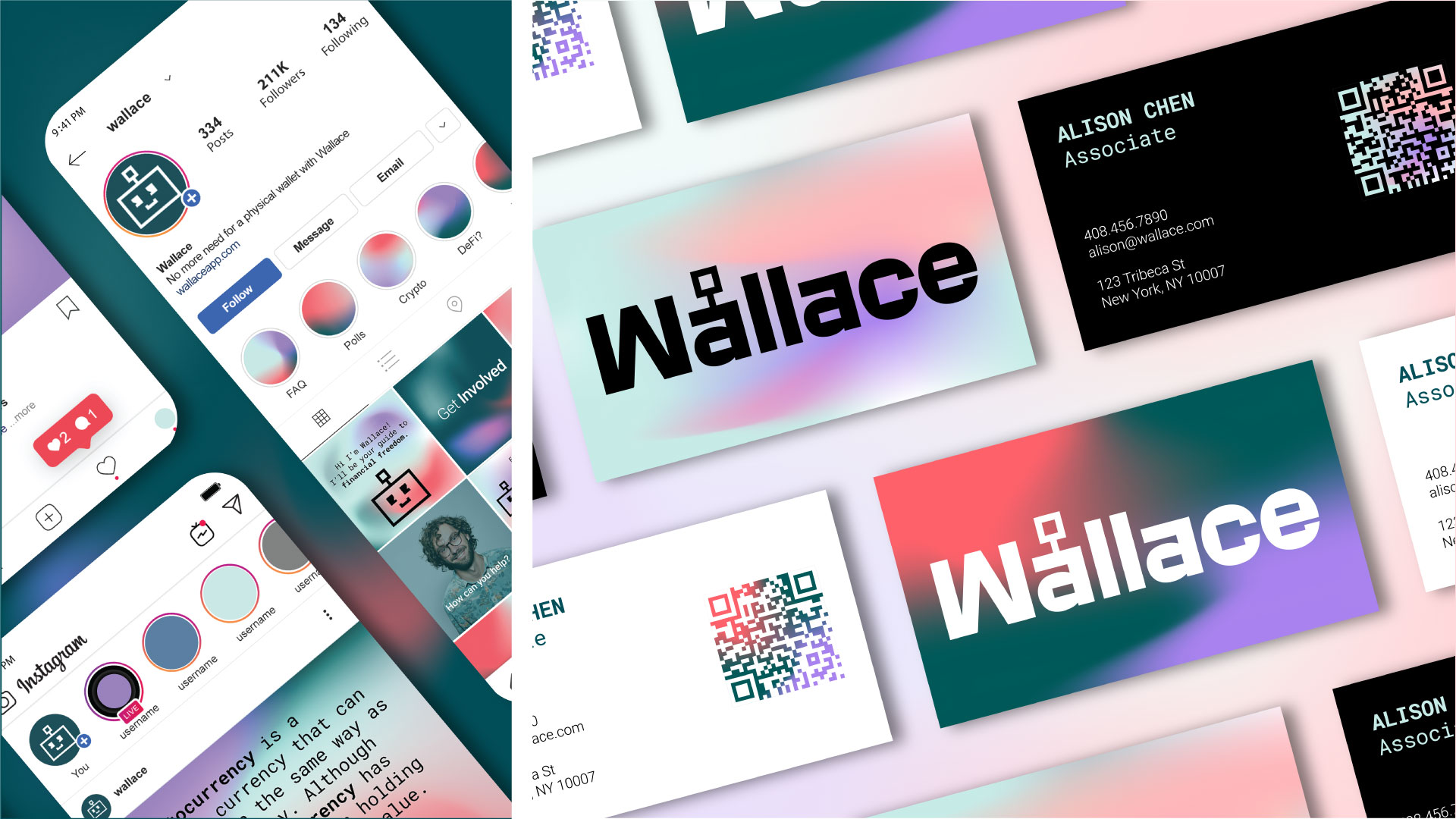 graphic design for a digital wallet app that allows people to store fiat government currency and crypto currency all in one place the design features bright greens, reds and purples used in a gradated way