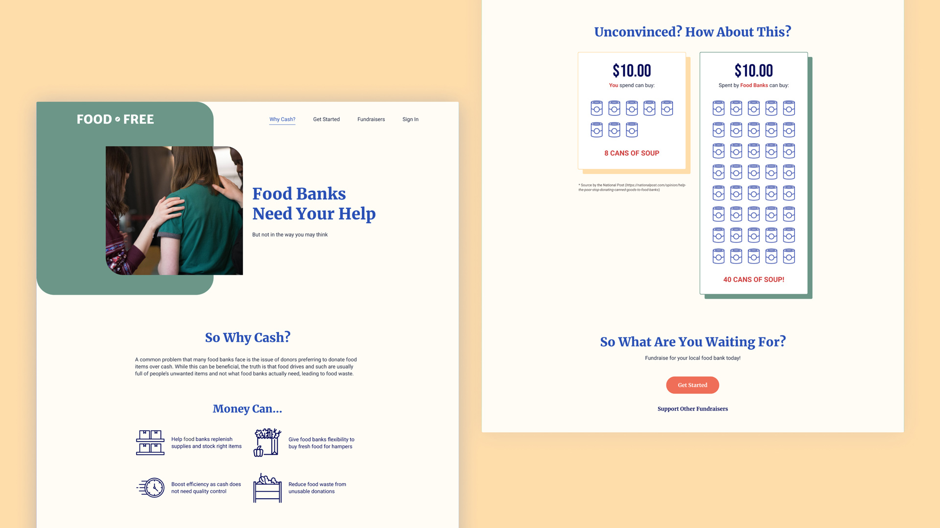Website mockups of Food • Free’s “Why Cash?” page that uses information design to educate visitors on how they can help reduce waste in food banks.