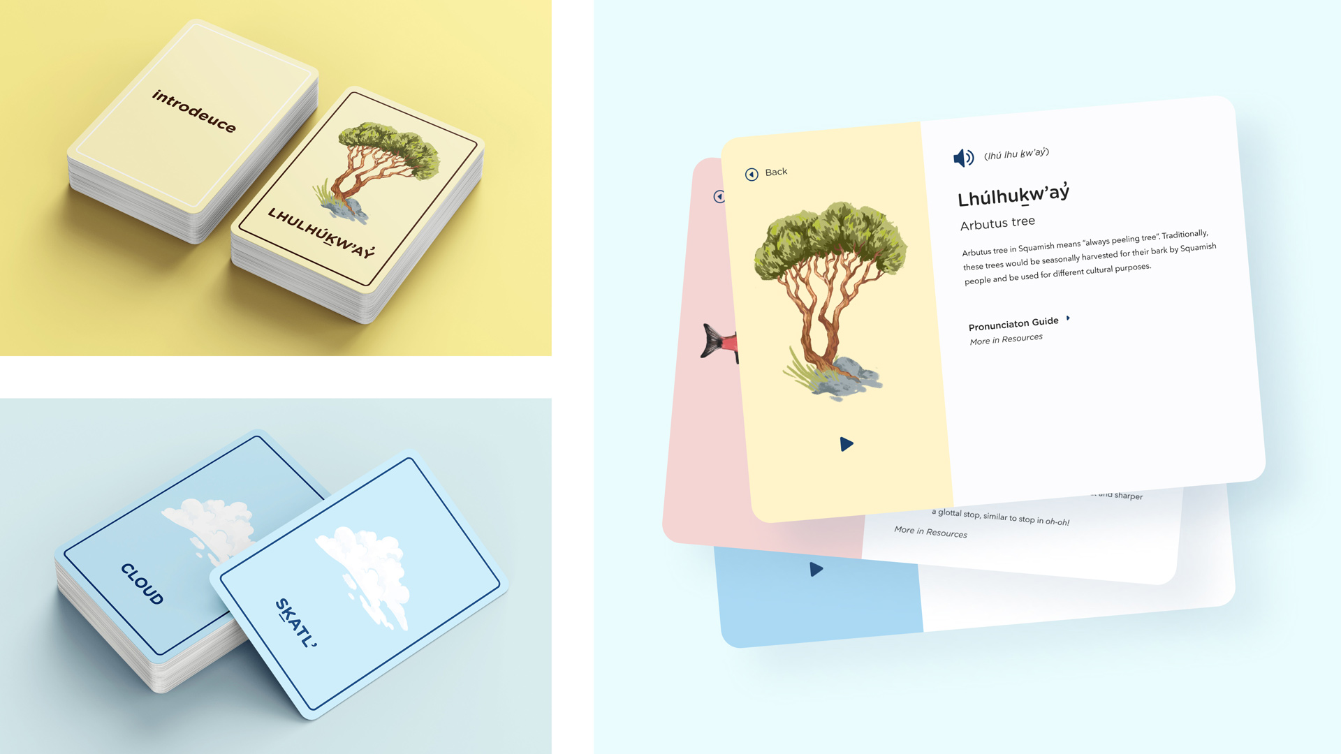 Memory card mockups of Introdeuce, a Squamish vocabulary game that helps students deepen their understanding of Squamish culture.