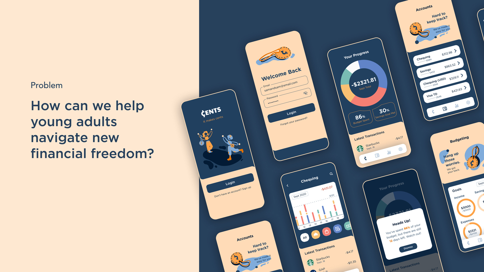 App showcase of Cents, a financial budgeting app with title text that says “Problem: How can we help young adults navigate new financial freedom?”
