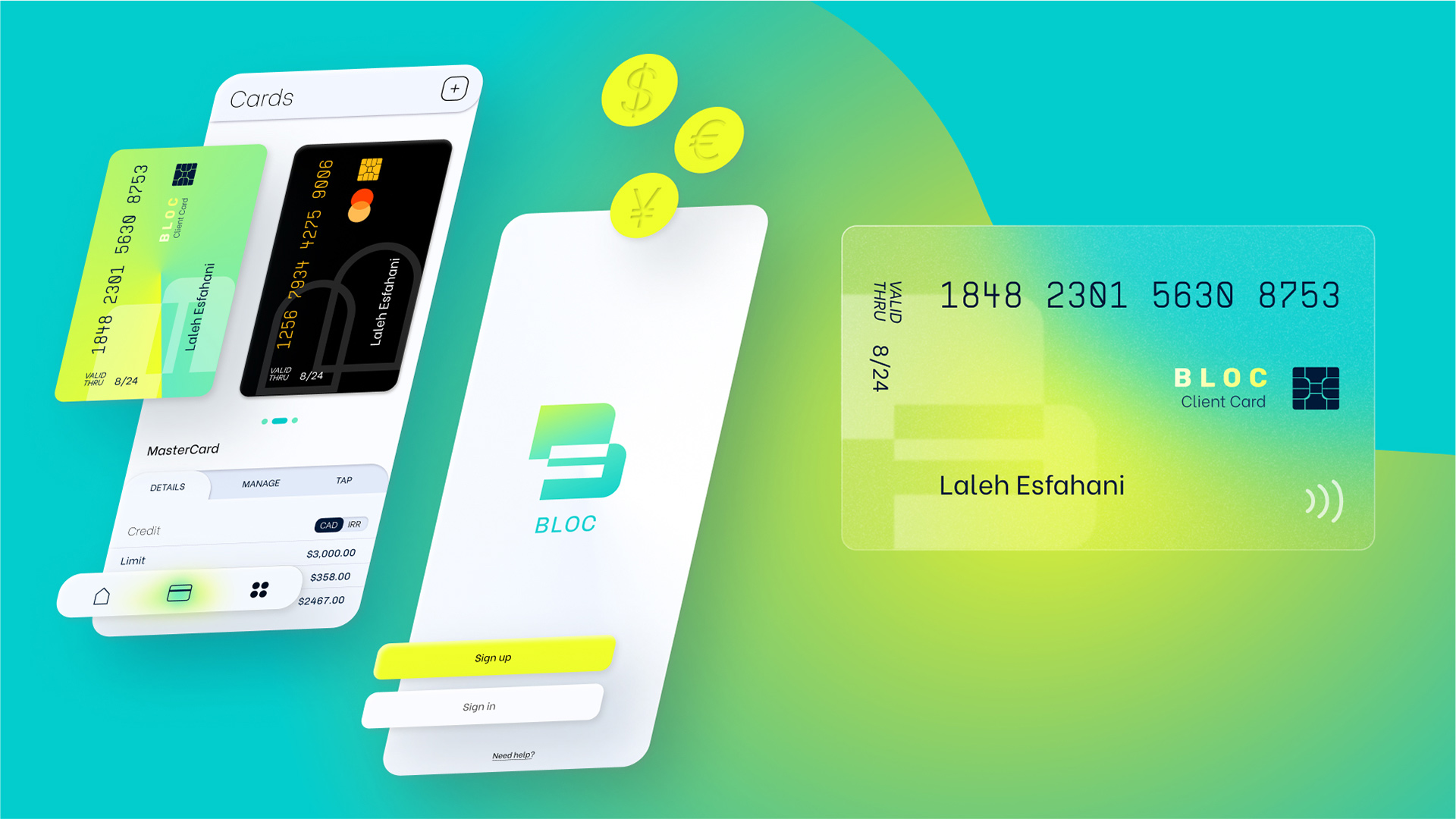 Bloc Finance app screen and debit card designs by Coralie Mayer.