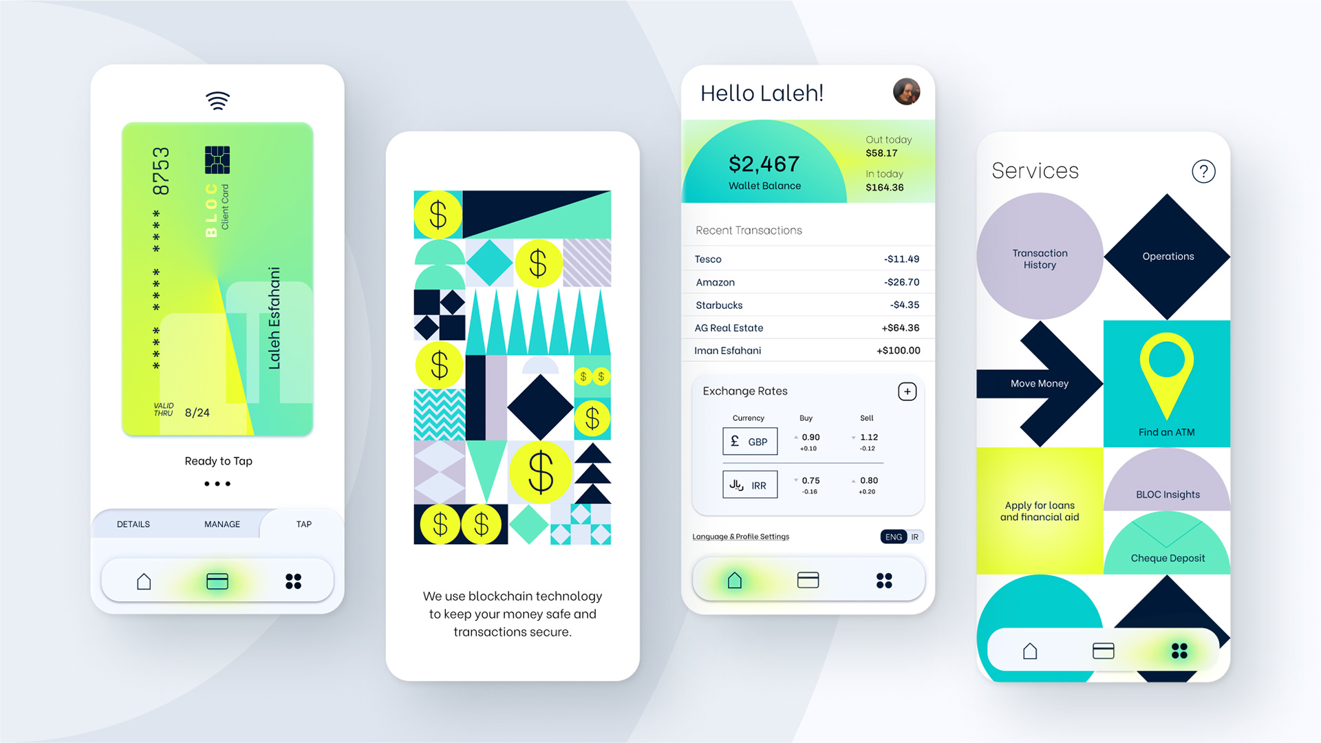 2021 RGD award-winning user interface design for the Bloc Finance app by Coralie Mayer.