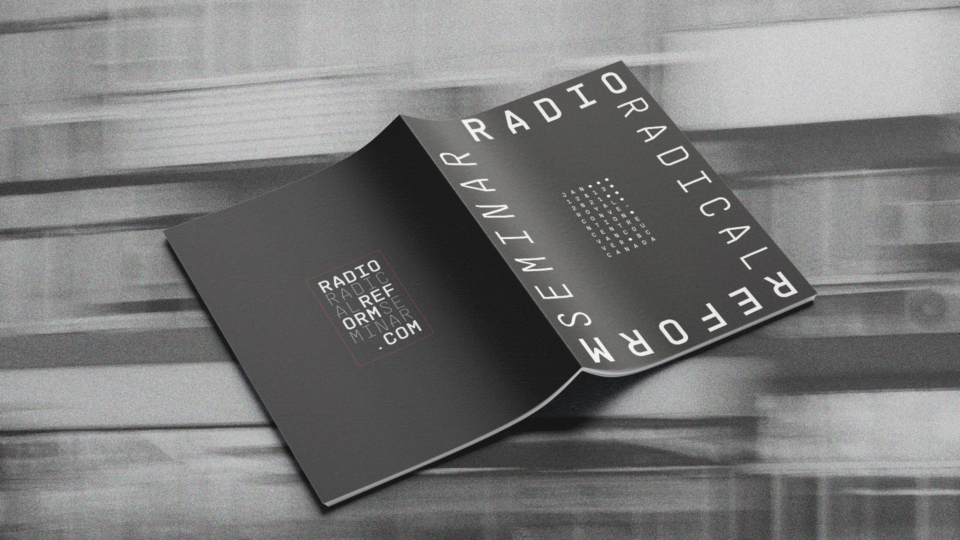 Radio Radical Reform Seminar booklet design by Coralie Mayer. Winner of the GDC BC’s award for print design 2021.