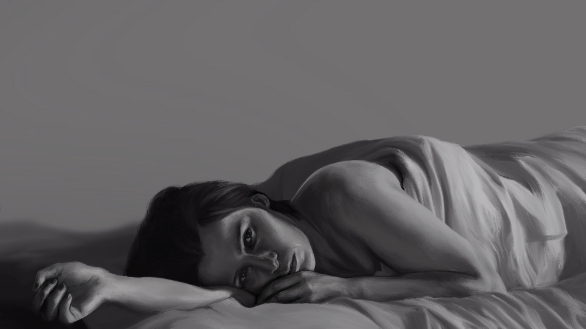 Black and white digital painting of a woman in bed by Coralie Mayer.