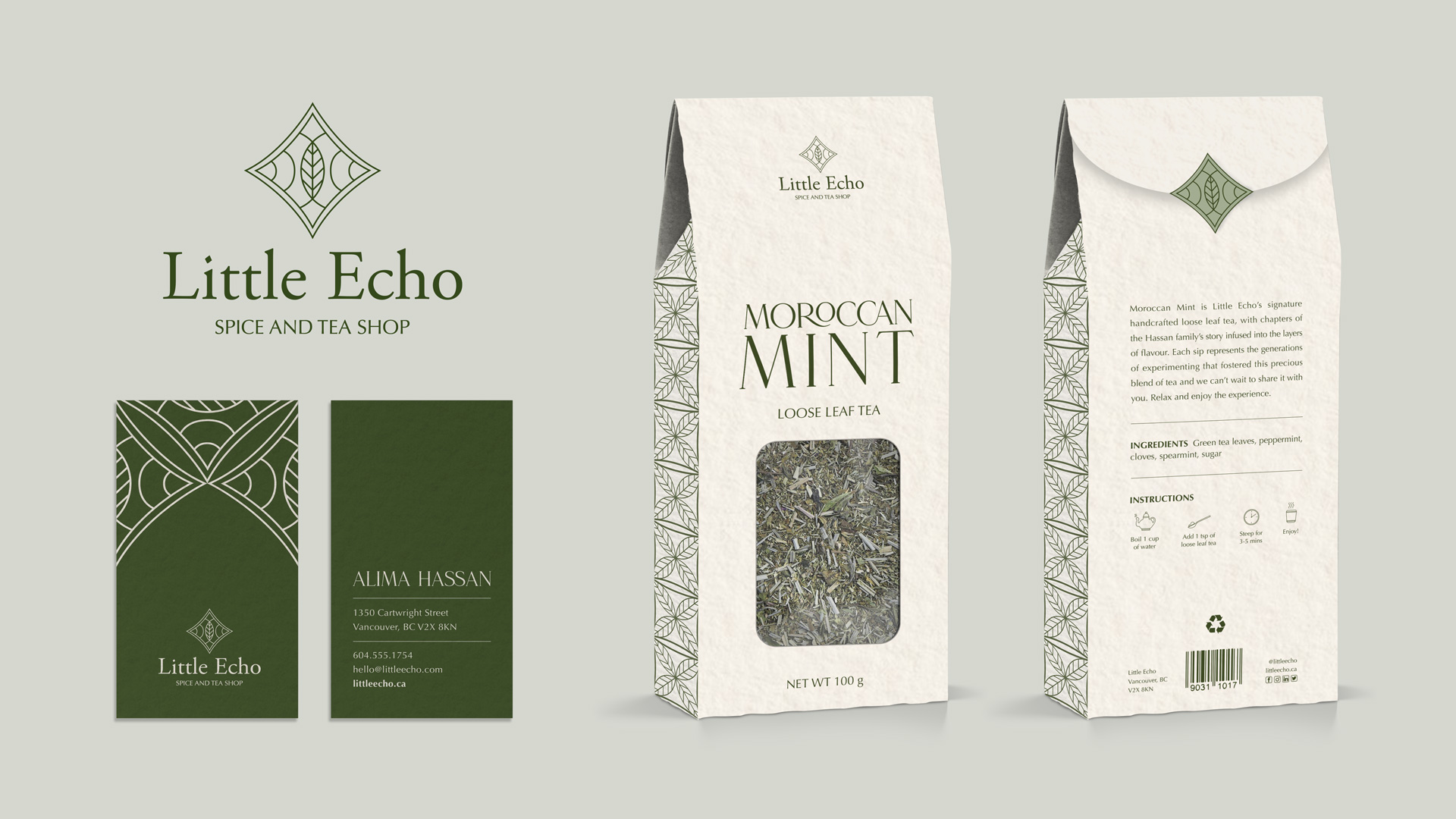 Brand identity including logo design, package design and business cards for Little Echo, a Moroccan-inspired spice and tea shop.