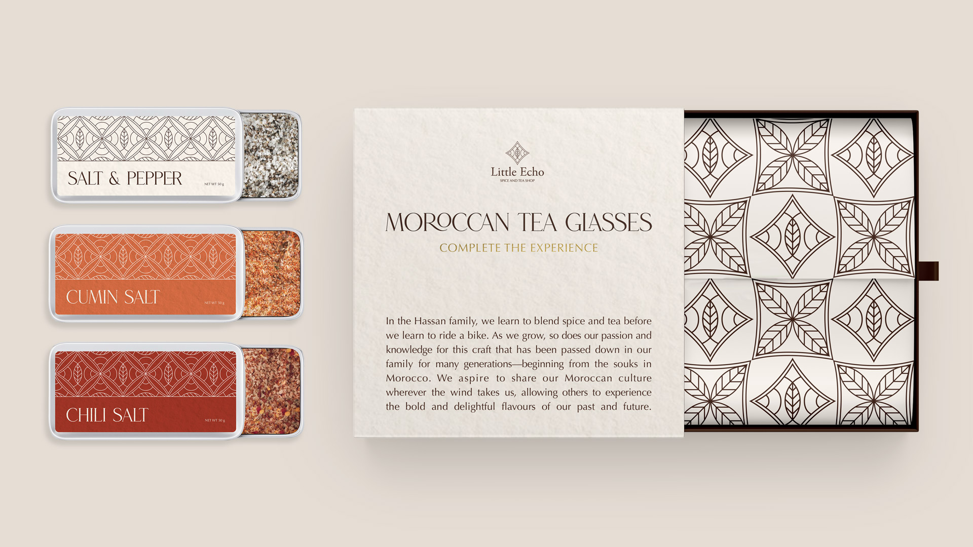 Brand identity including logo design and package design for Little Echo, a Moroccan-inspired spice and tea shop.