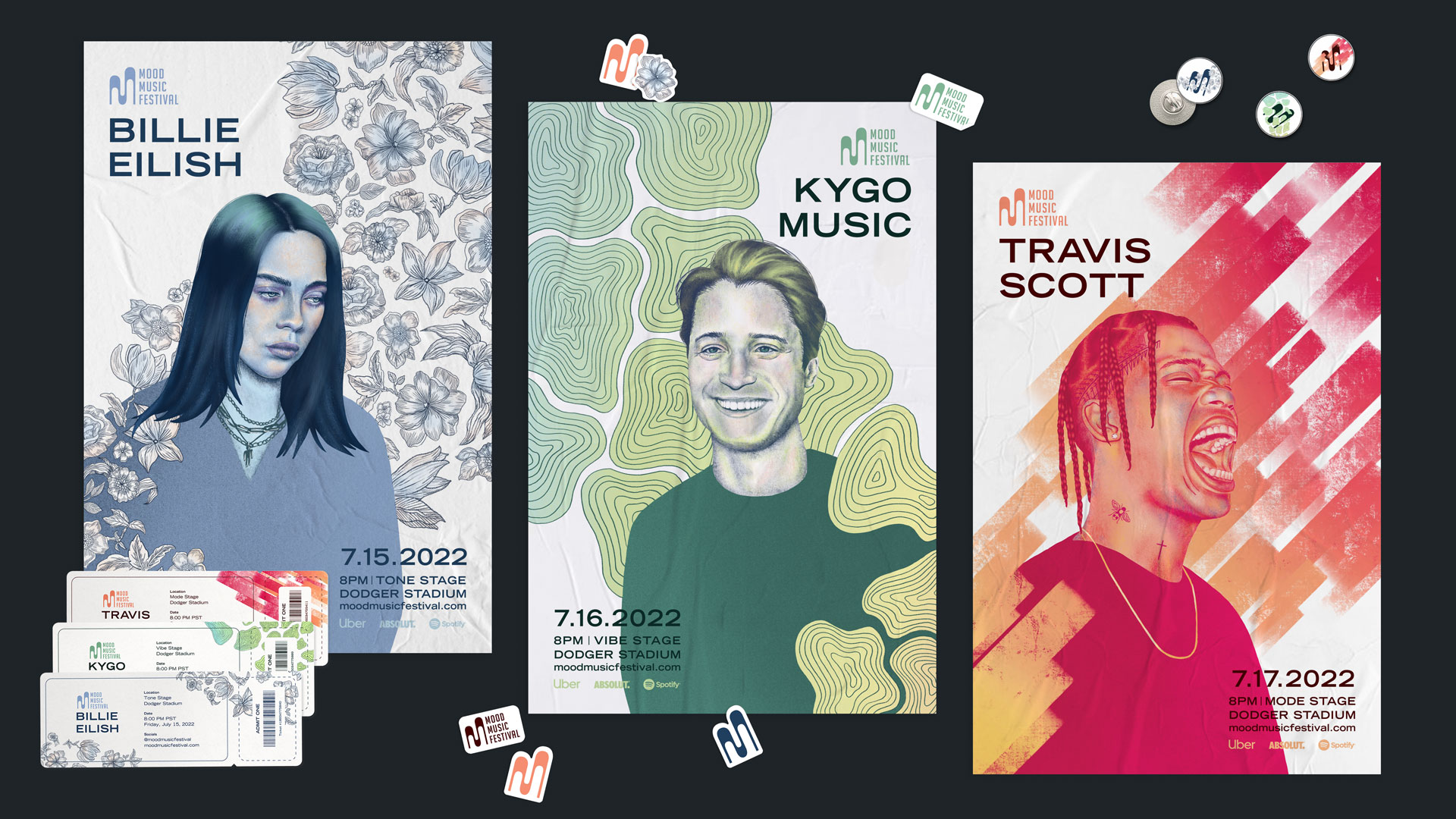 Brand identity, logo design, poster design and illustration for Mood Music Festival. The festival conveys a different mood each day, featuring Billie Eilish, Kygo and Travis Scott.