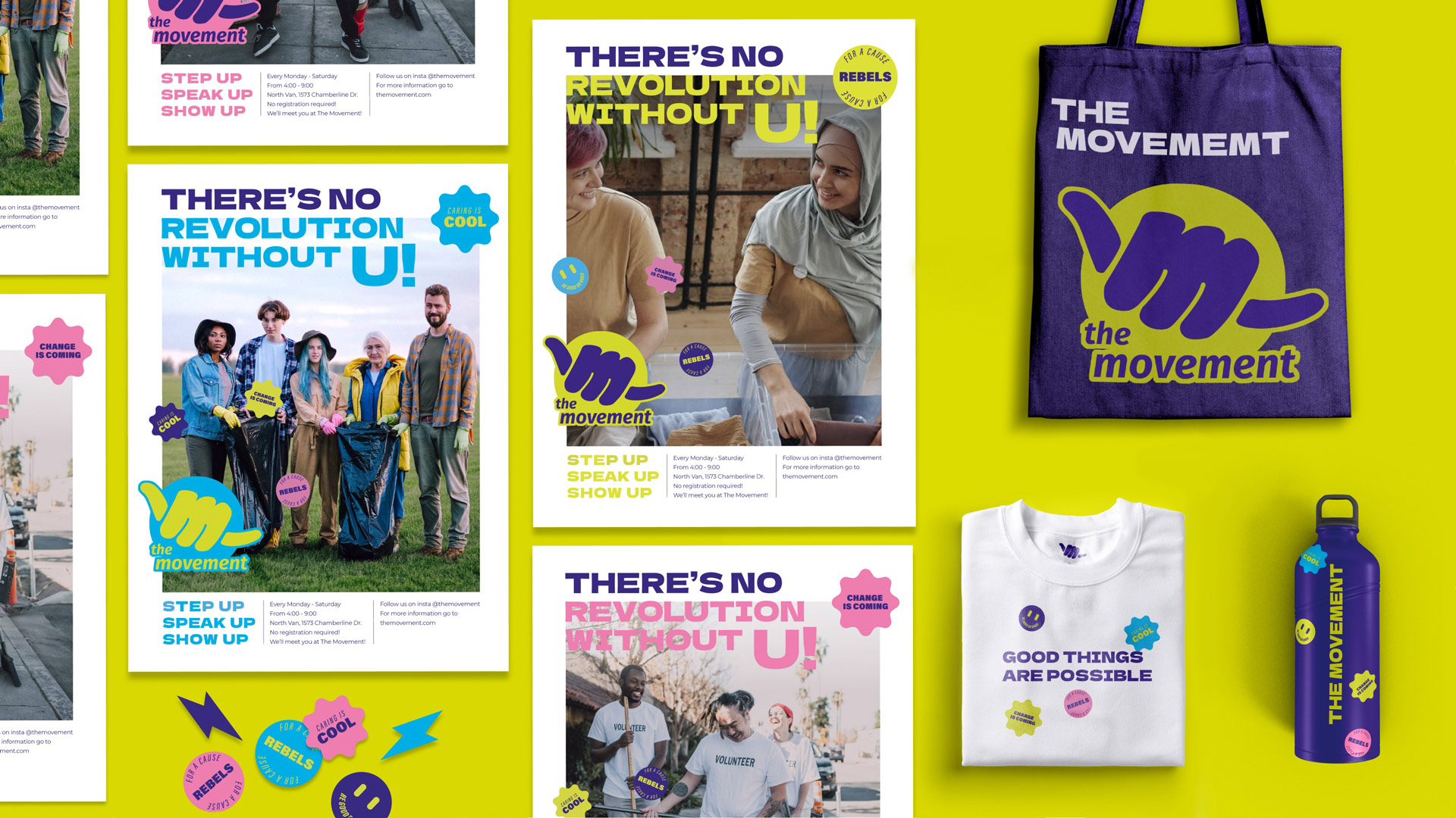 An image showing branded products for The Movement, a youth centre centred around social good and volunteering. The image shows a variety of posters, a tote bag, t-shirt, water bottle and stickers against a bright yellow background. The posters have a white background and all show different images of young people volunteering and feature the headline “there is not revolution without U!” in bright pink, blue and yellow. The tote bag is dark purple and features the company logo, a hang loose sign with the m forming the hands knuckles surrounded by a yellow highlight. The T-shirt is white and reads Good Things are Possible in purple text. The shirt is also decorated with 3 colourful stickers. The water bottle is dark purple and has The Movement written vertically along the side and, like the t-shirt, is decorated with a variety of coloured stickers.