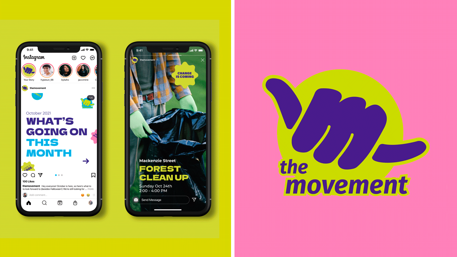 A gif split into two images showing social media content for The Movement, a youth centre centred around social good and volunteering. The image on the right features two smartphones displaying instagram posts against a yellow background. The image on the right shows the company’s logo, a hang loose sign with the m forming the hands knuckles surrounded by a coloured outline. This image alternates between different colour variations of the logo. The first has a pink background, a dark purple logo and a yellow outline. The second shows a blue background, a dark purple logo and a pink outline. The last shows a dark purple background, a yellow logo and a blue outline.