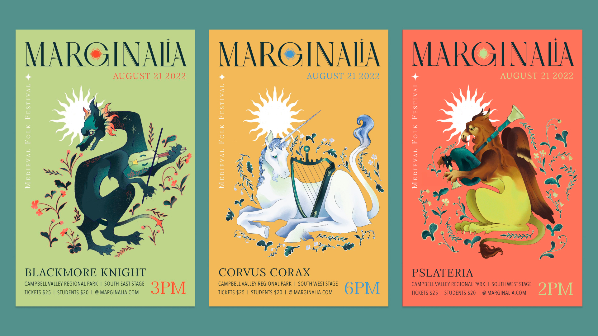 An image showing 3 posters for Marginalia: A Medieval Folk Music Festival. All the posters feature a classical illustration of a mythical creature against a white sun and surrounded by flowers. The first poster has a light green background and features a turquoise dragon playing a light green violin while surrounded by small red flowers and dark green plants. The second poster has a warm yellow background and features a white unicorn laying down with a harp at its flank. It is surrounded by blue flowers and dark red plants. The third poster features a brown and light green griffin on a red background. The griffin is playing a set of turquoise bagpipes decorated with animal heads.