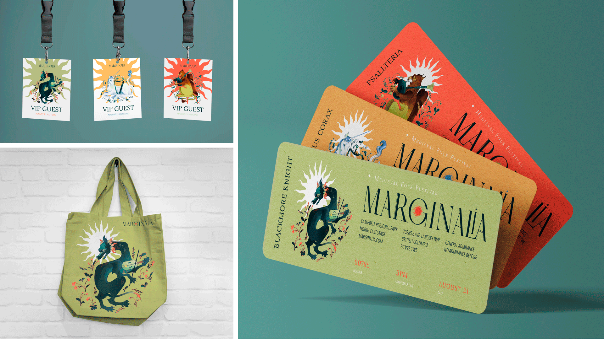 An image showing Id tags, tote bags and tickets for Marginalia: A Medieval Folk Music Festival. There are 3 tickets, each of which are a different colour and feature a different illustration of a mythical creature. The light green ticket features a turquoise dragon, the yellow ticket features a white unicorn, and the red ticket features a brown griffin. There are 3 ID tags, each of which have staff written on them and feature the same dragon, unicorn and griffin illustration. There is a gif of a tote bag that cycles through different coloured bags each of which feature either the illustration of the dragon, unicorn or griffin.