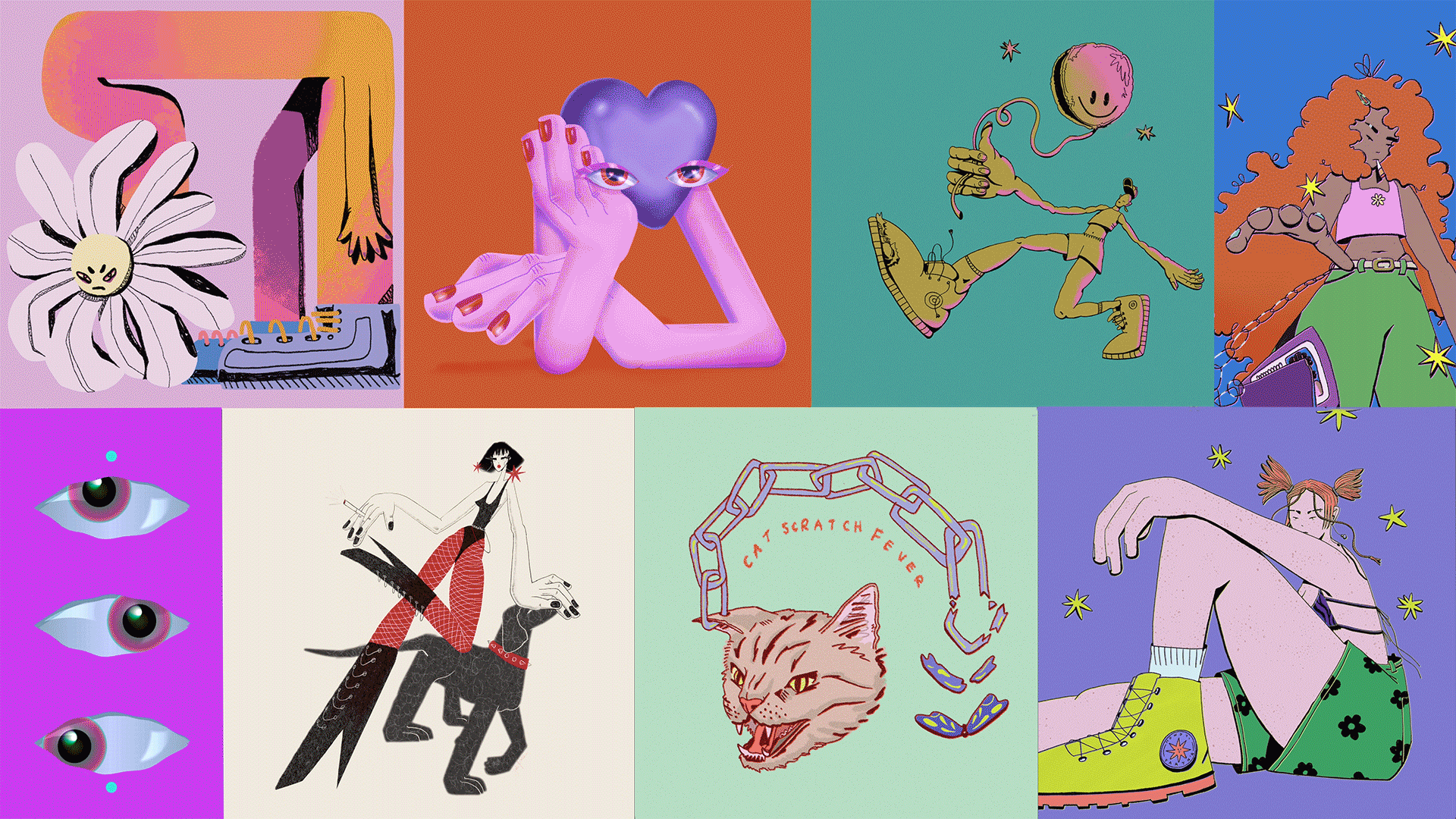 A tiled compilation of Talia’s illustration work is brought to life through moving gifs. Throughout the image, characters wink, walk, dance, and wag their tails.