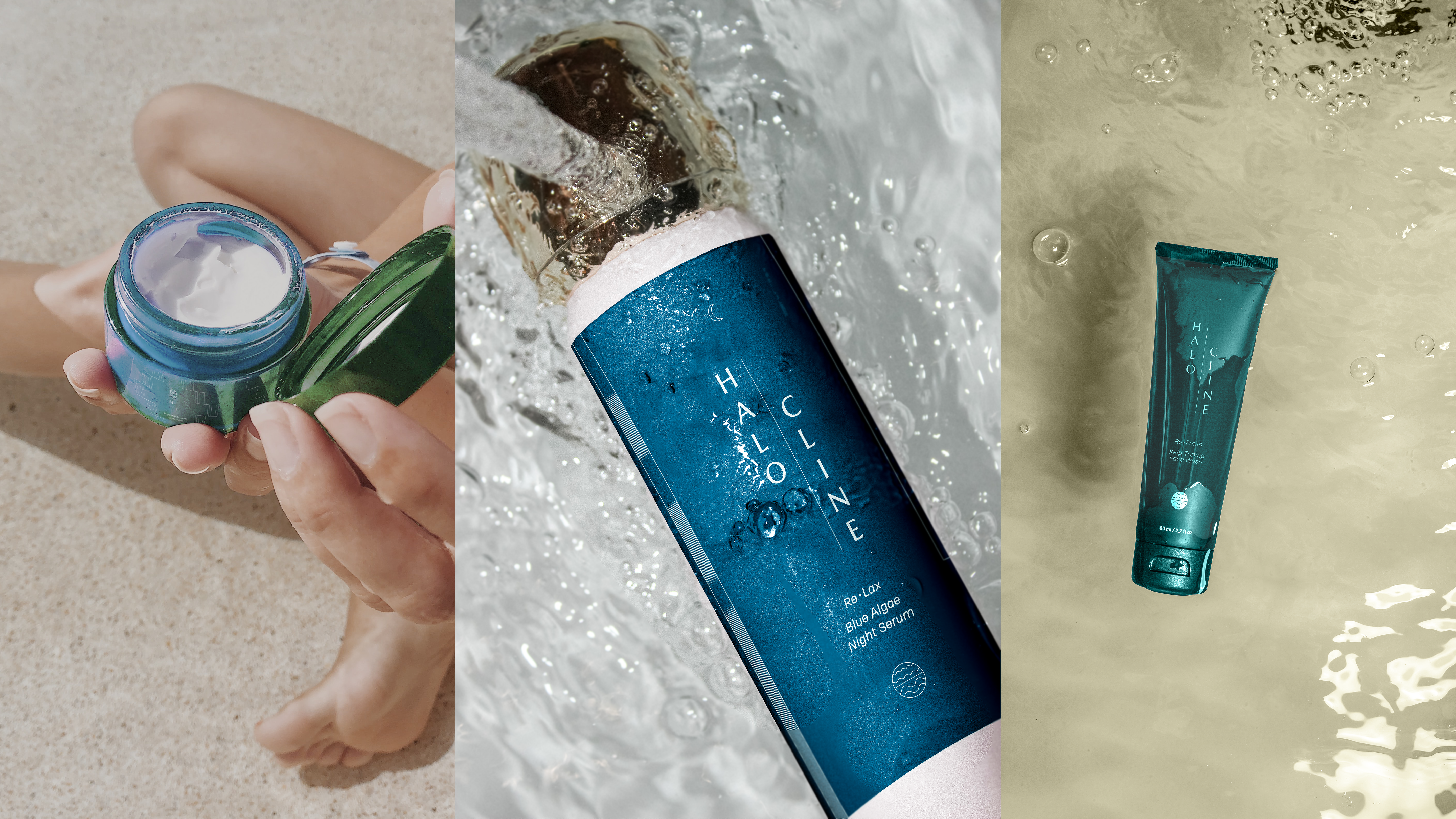 3 images are collaged together vertically. The first shows a woman’s hand opening a jar of moisturizer on a sandy beach. The jar is green, blue, and pink iridescent, and is labelled “Polypeptide Salt Water Gel Moisturizer.” The jar has fine, art-deco inspired graphic lines covering the outside. The second image is a serum bottle being submerged under a stream of tap water. The bottle is dark blue, with the same lines as the jar. This time, it reads “Re-lax, Blue Algae Night Serum.” Lastly, a dark green squeeze tube of “Re-fresh Kelp Face Wash” sits on a shallow pool of sandy water.
