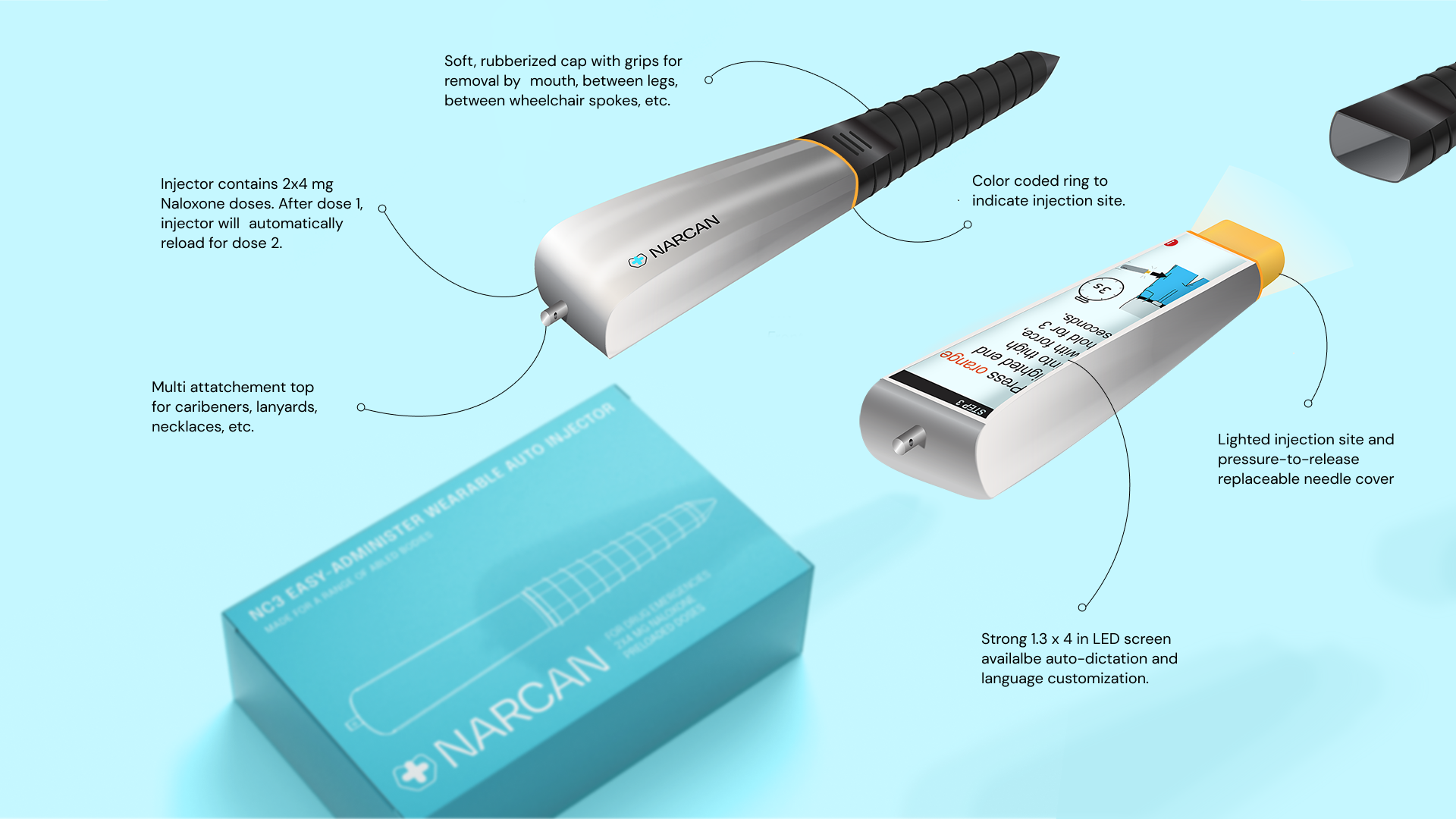 An autoinjector floats above its designated box. Text boxes point to various points on the front and back of the auto-injector to highlight specific features.