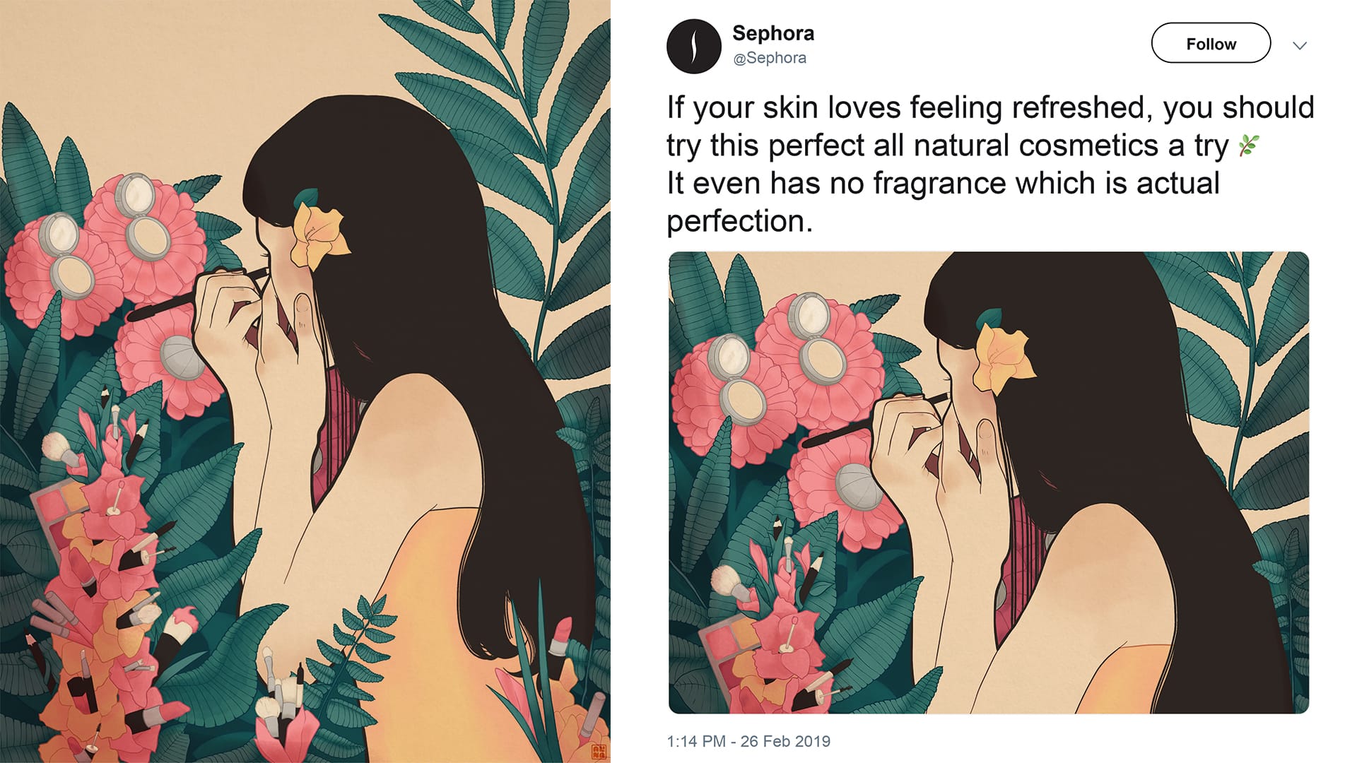 A social media illustration for a fictional cosmetic line of Sephora that depicts a woman, turned away from the viewer doing her makeup, using the cosmetics that are growing out of the flowers and plays around her. Depicted in an art nouveau style.