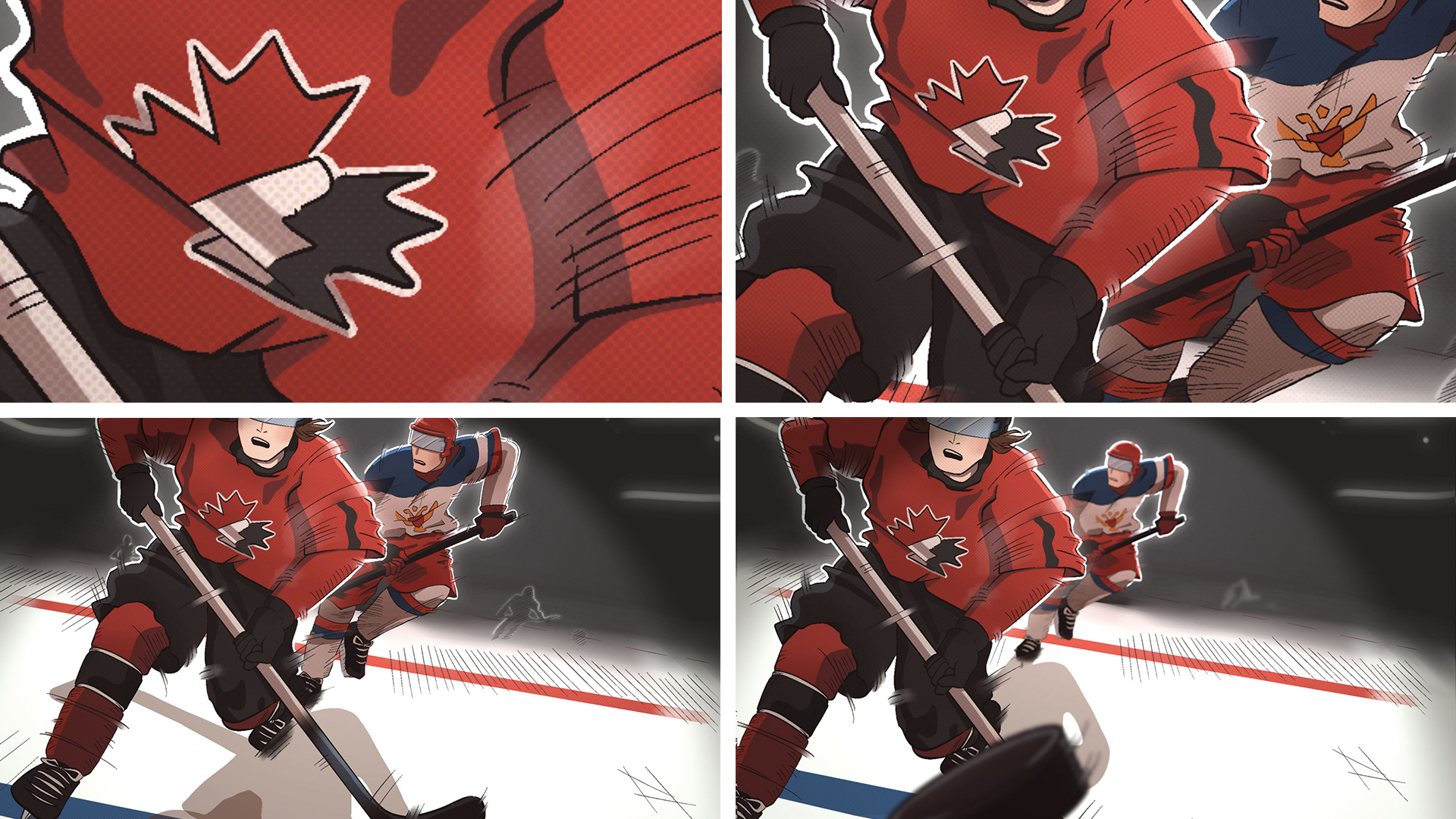 Motion illustration of a Canadian hockey player bypassing his Swedish opponent for control of the puck during the Olympics.
