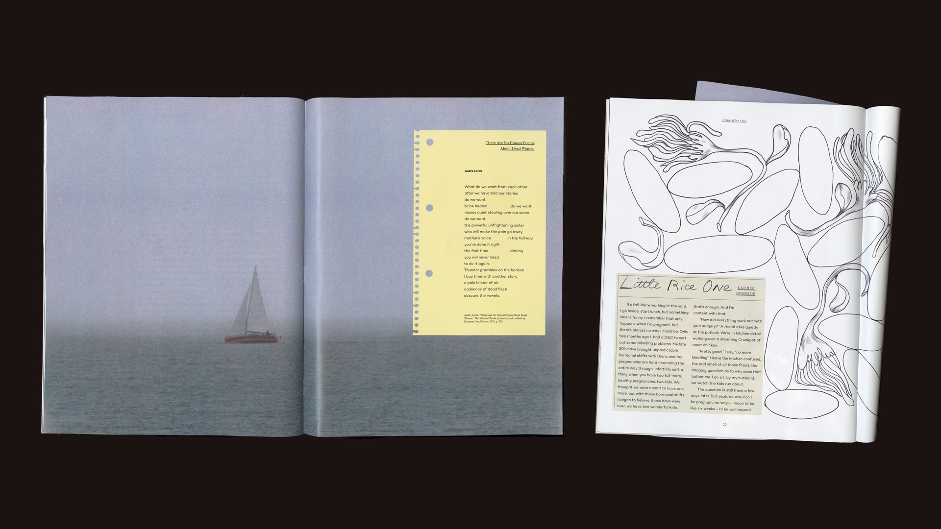 Scan of Harbour magazine spread and a folded spread from an illustrated article.