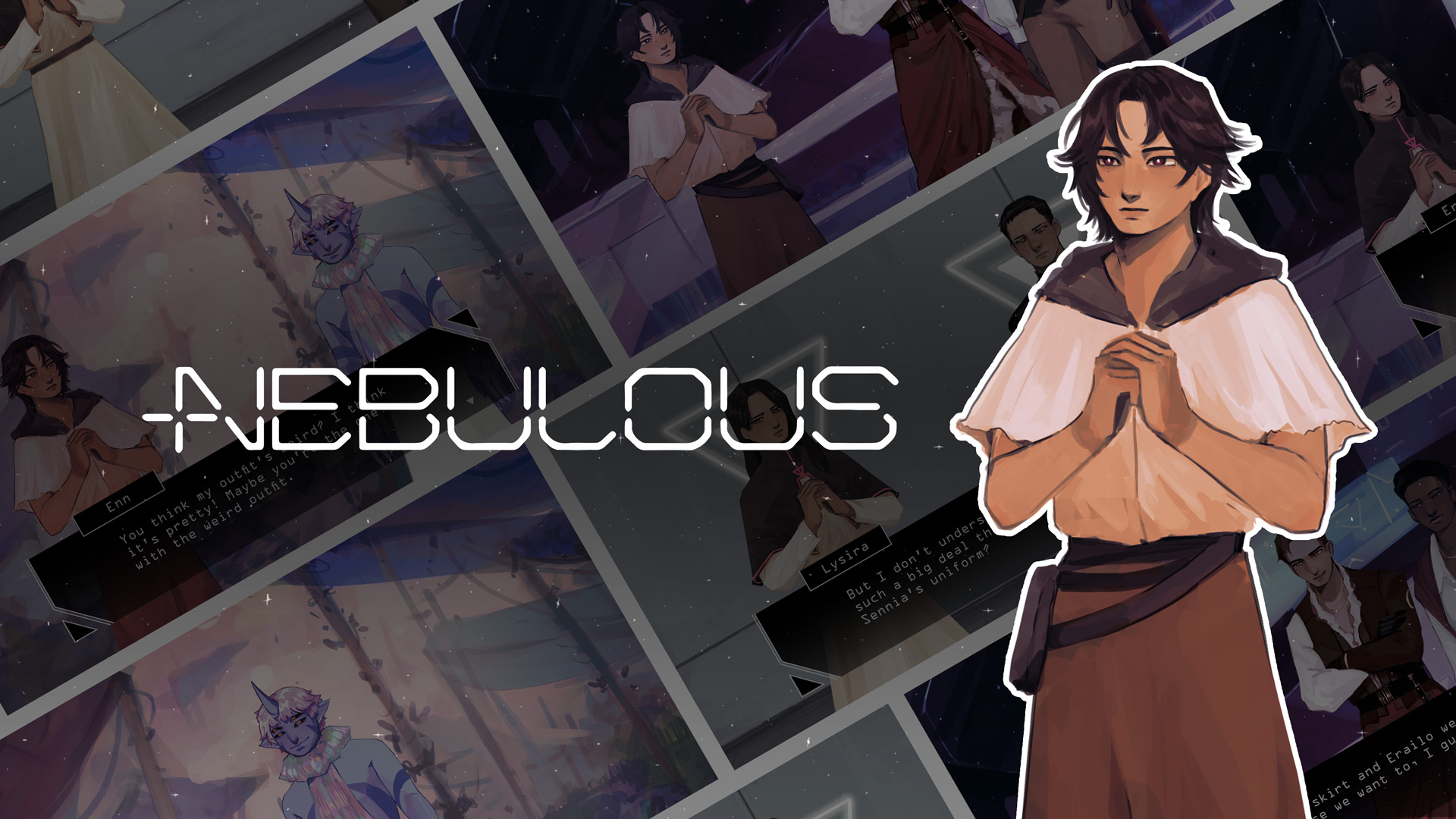 In the background, there is a compilation of screenshots of the visual novel. On top, there is the logo that reads, NEBULOUS, and the main character.