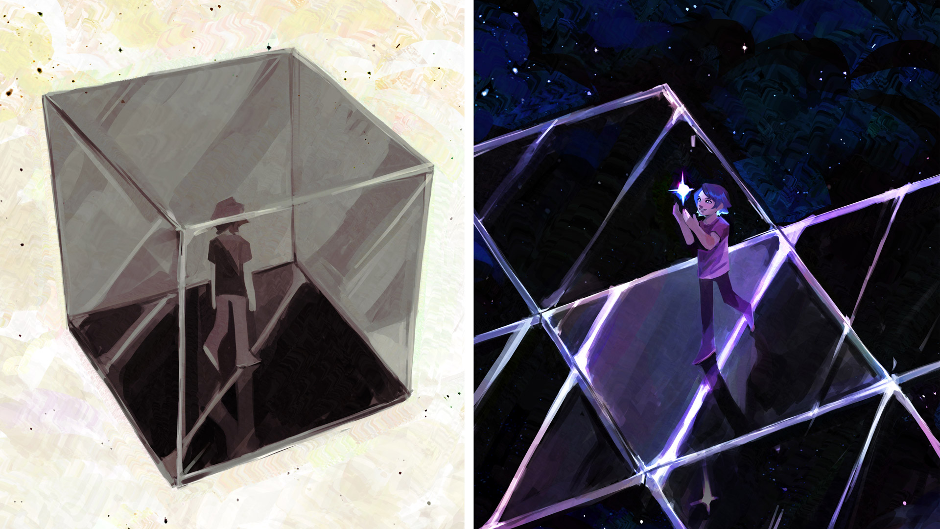 Two illustrations side by side. The first is of a person in a see-through cube, they are turned away from the viewer. The second is of the same person holding a star and standing on a splayed out version of the cube. That background shows a starry sky.