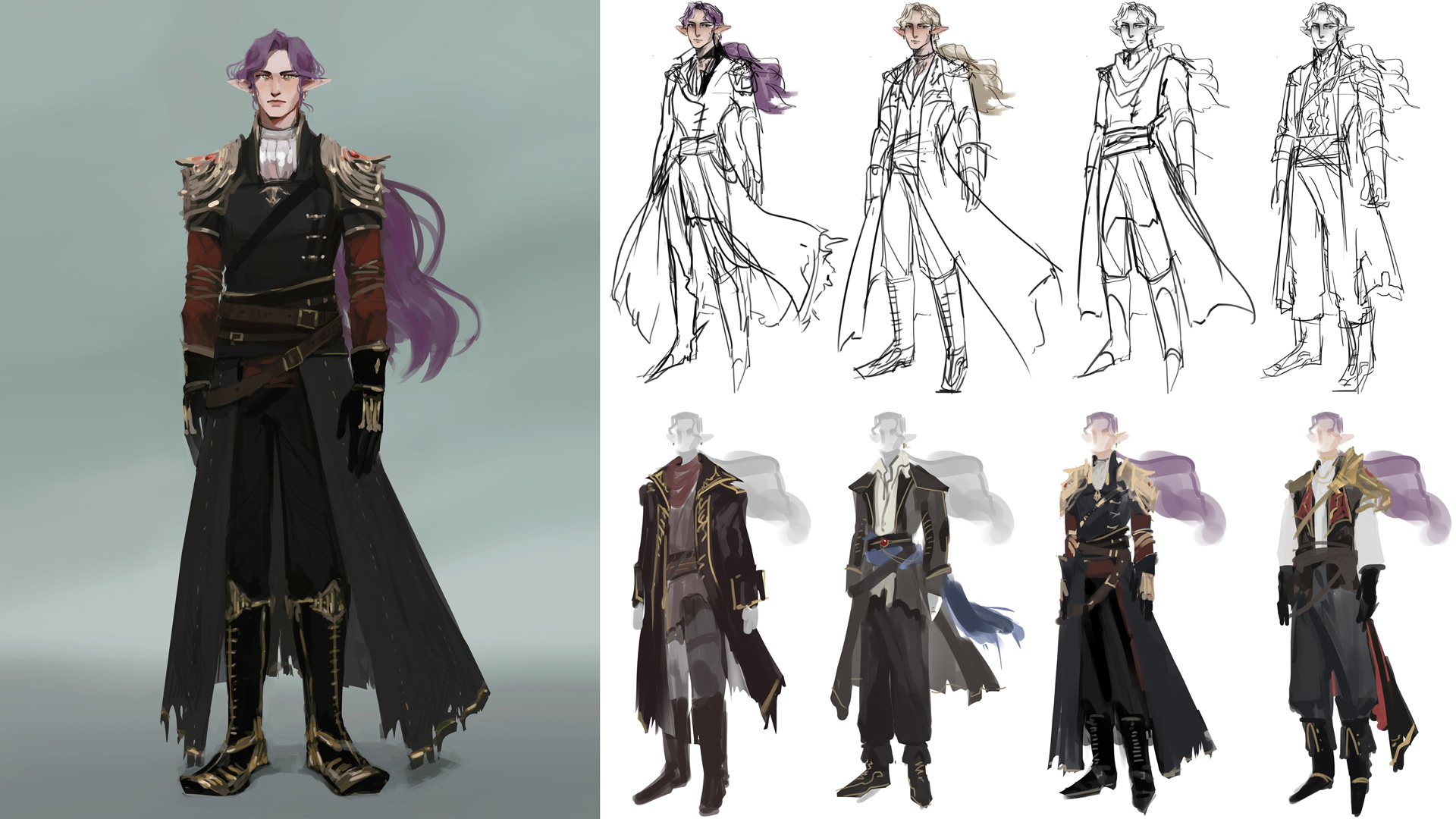 A purpled hair androgenous woman wearing an embellished coat. There are four line sketches followed by four painted sketches all showing different outfits.