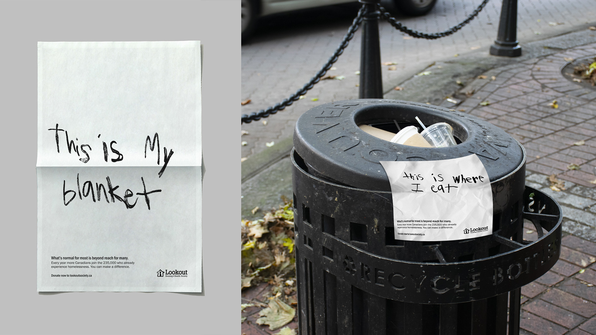 Collateral design and guerilla advertising design for Days without… campaign that shows homeless people using newspapers as blankets and garbage cans as their source of food. This student advertising and design project was made for Lookout Society to address Vancouver’s homeless crisis and spread awareness.