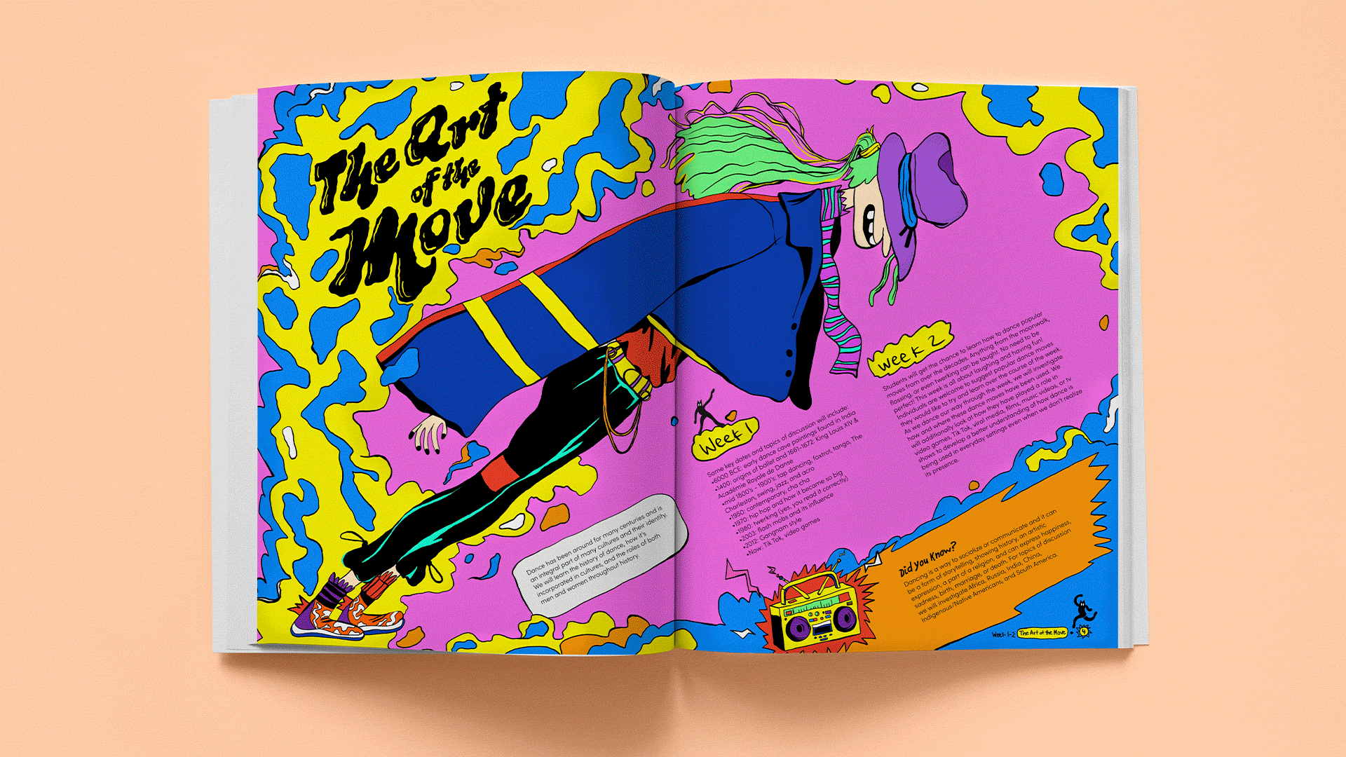Book spread design, layout, and crazy colorful dance illustrations for various pages in the Groovin’ handbook that focus on addressing the male dancer stigma.