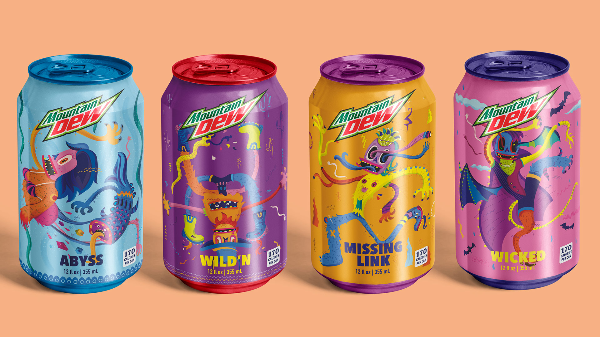 This award winning student illustration and design project for Mountain Dew Flavors has colorful imaginary mythical monster illustrations. The Mountain Dew drink cans have a unique packaging design as it includes fun and crazy illustrations and colorful aluminum can tops. The drink flavors have unique names that correspond to each creature and relate to the copywriting for their respective posters.