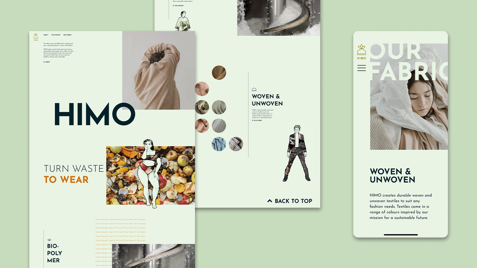 On the left and center is HIMO’s desktop landing page shown through two overlapping vertical panels and on the right is an animated mobile screen changing between the about page and the fabric page against a pale green background.