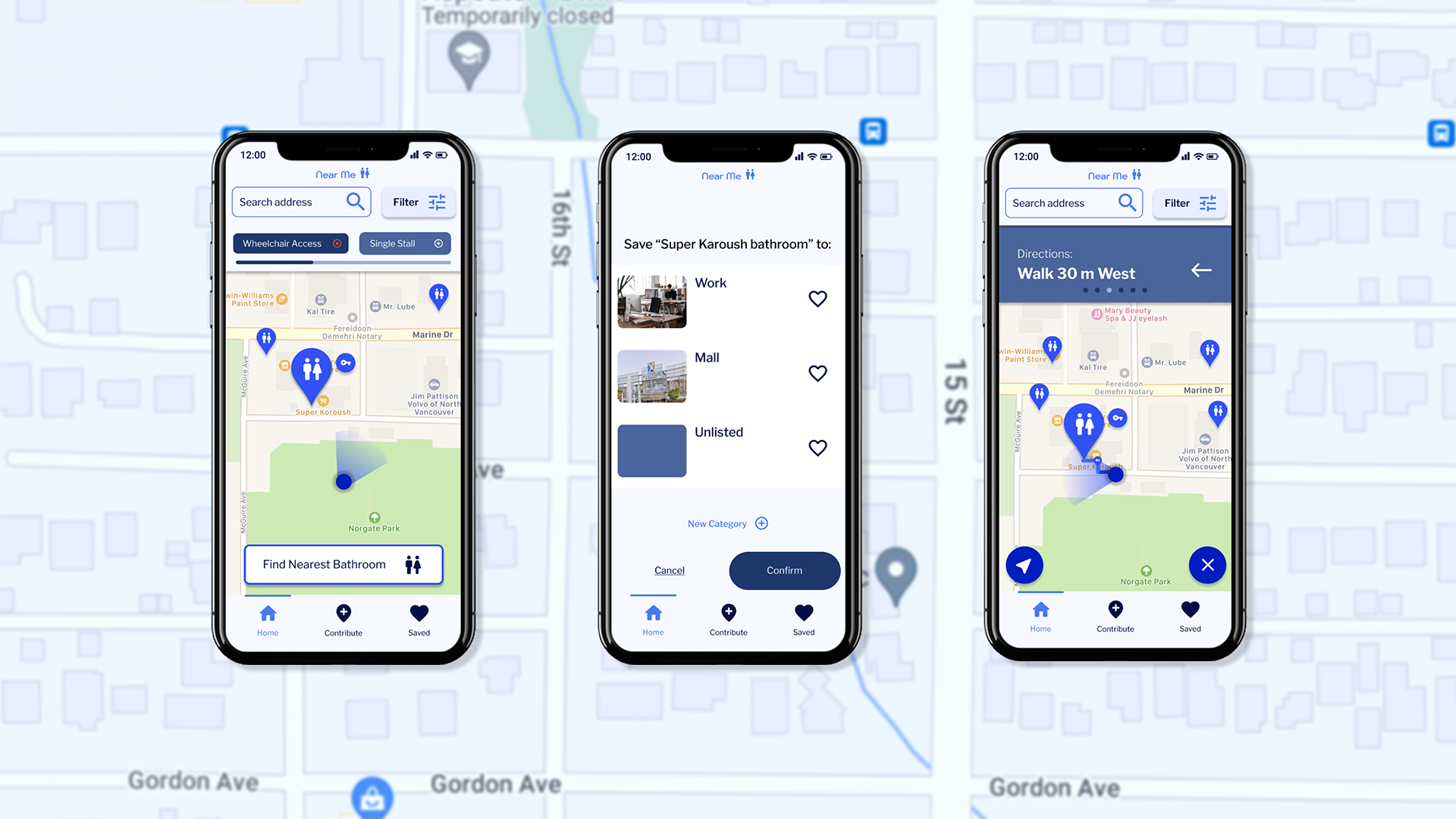 Three iphone mockups showing details of various screens against a background of a blue tinted street map.