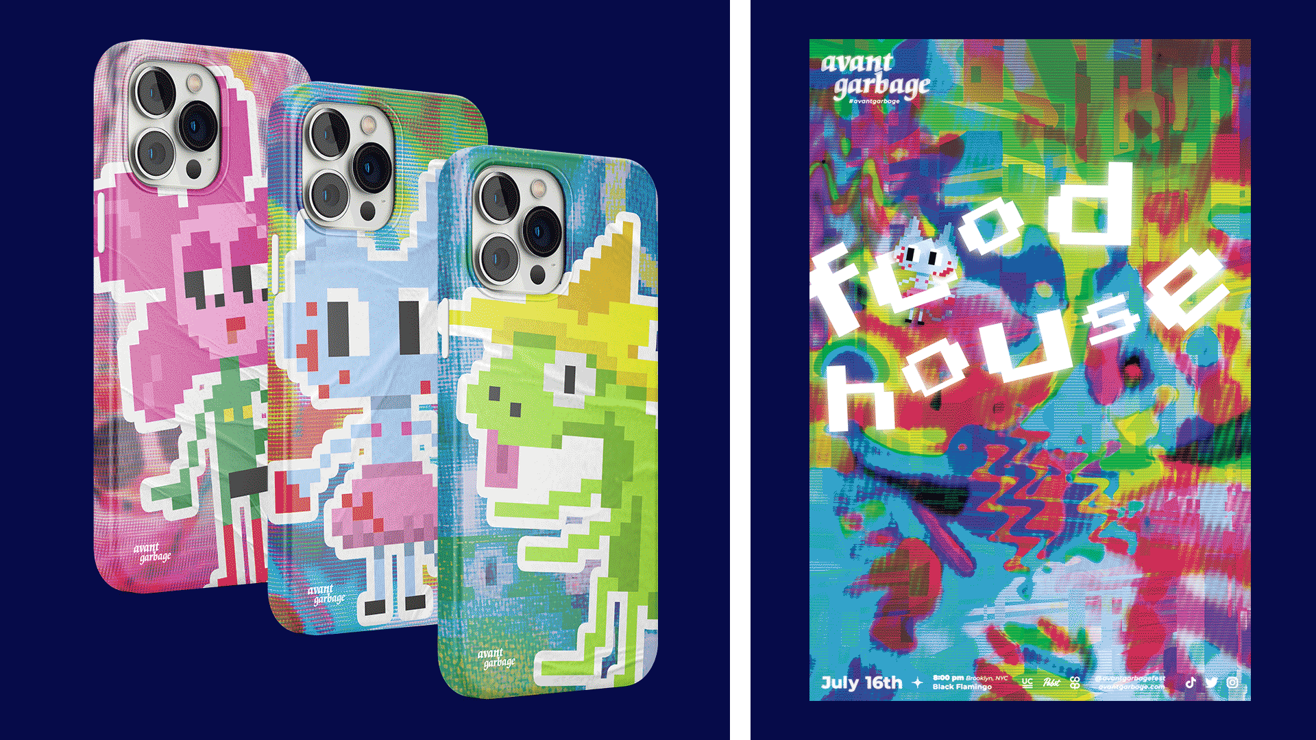 On the left are phone cases featuring pixel art of a blue cat, pink flower, and green gecko on a dark blue backdrop. On the right is a poster that changes between three designs of digital collage and type featuring the same pixel art as the phone cases.
