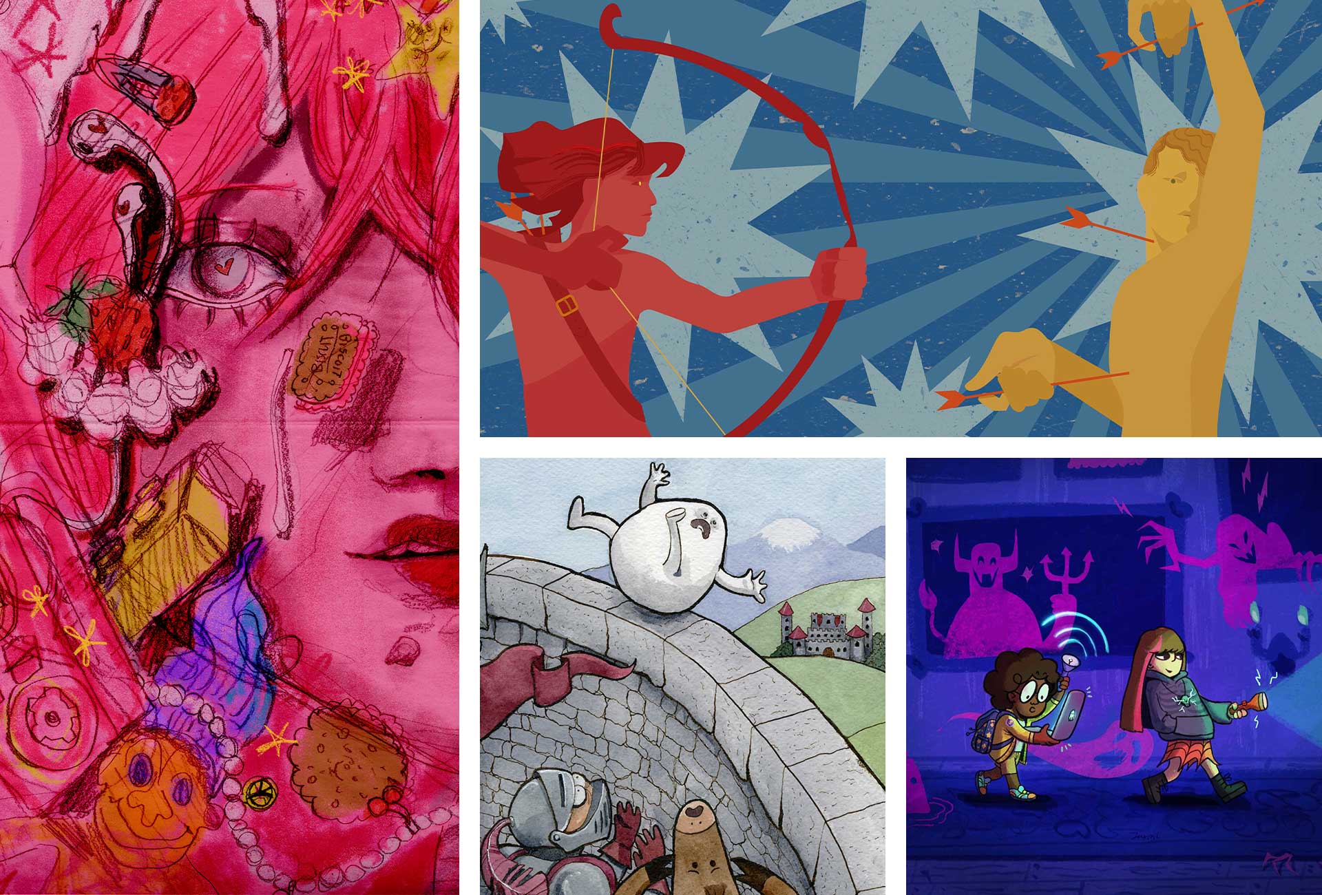 Four illustrations: a close up of a woman’s face surrounded by various objects such as a cassette tape, troll doll, and earbuds; a red figure aiming a bow at a yellow figure with three arrows in their body; Humpty Dumpty falling off a castle wall with a knight and horse watching in dismay; and two young girls exploring a haunted house surrounded by silhouettes of ghosts.