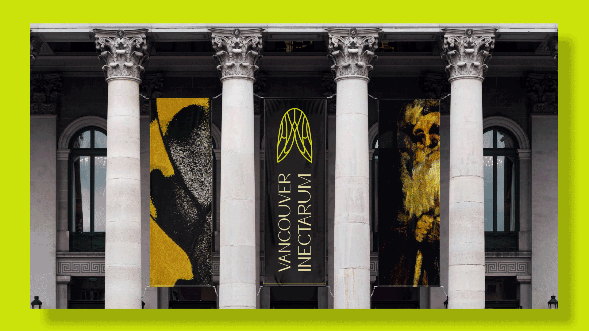 3 banners hanging between museum columns showing a close-up of an insect, a logo, and a close-up of a painting.