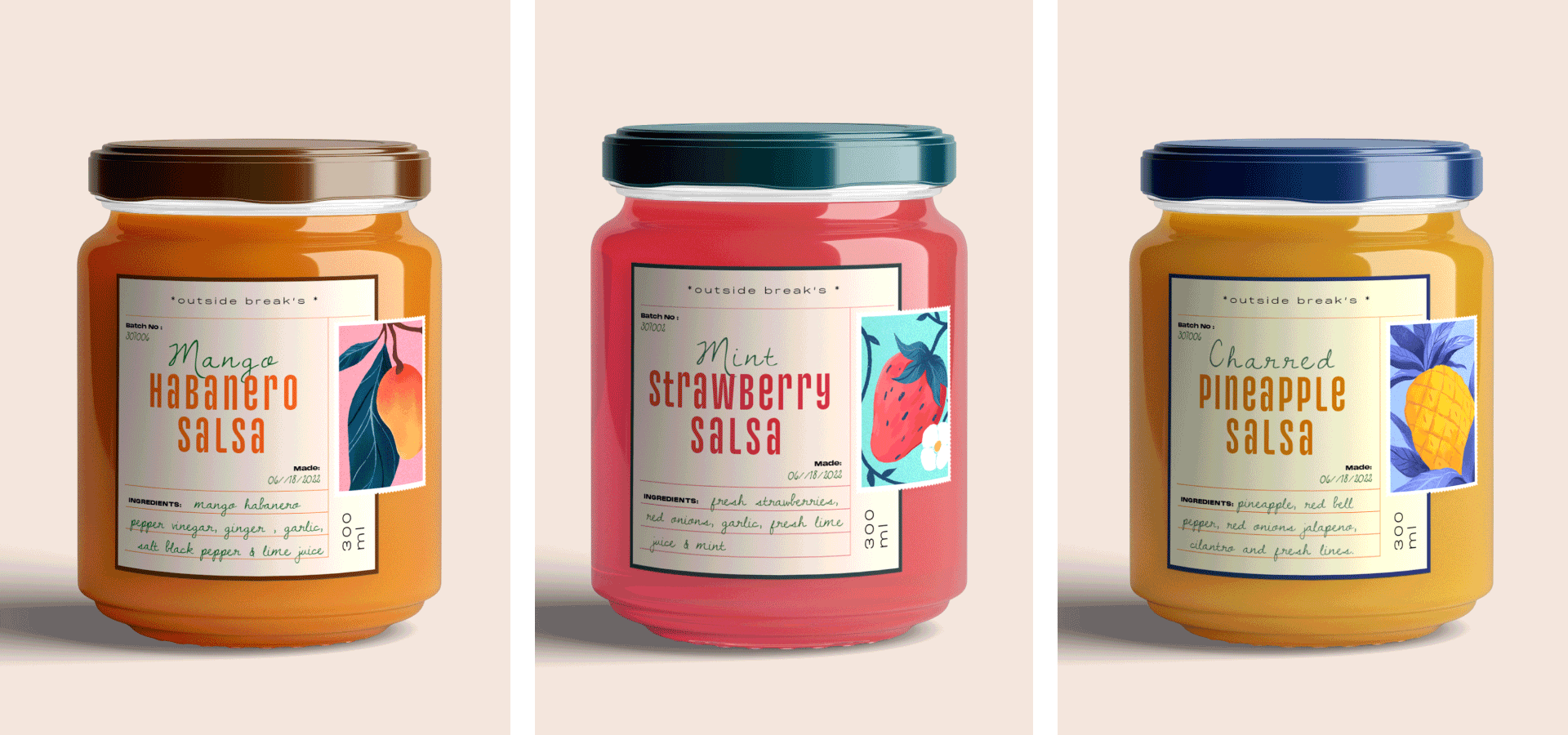 Three images of jars of taco sauces on brightly coloured backgrounds.
