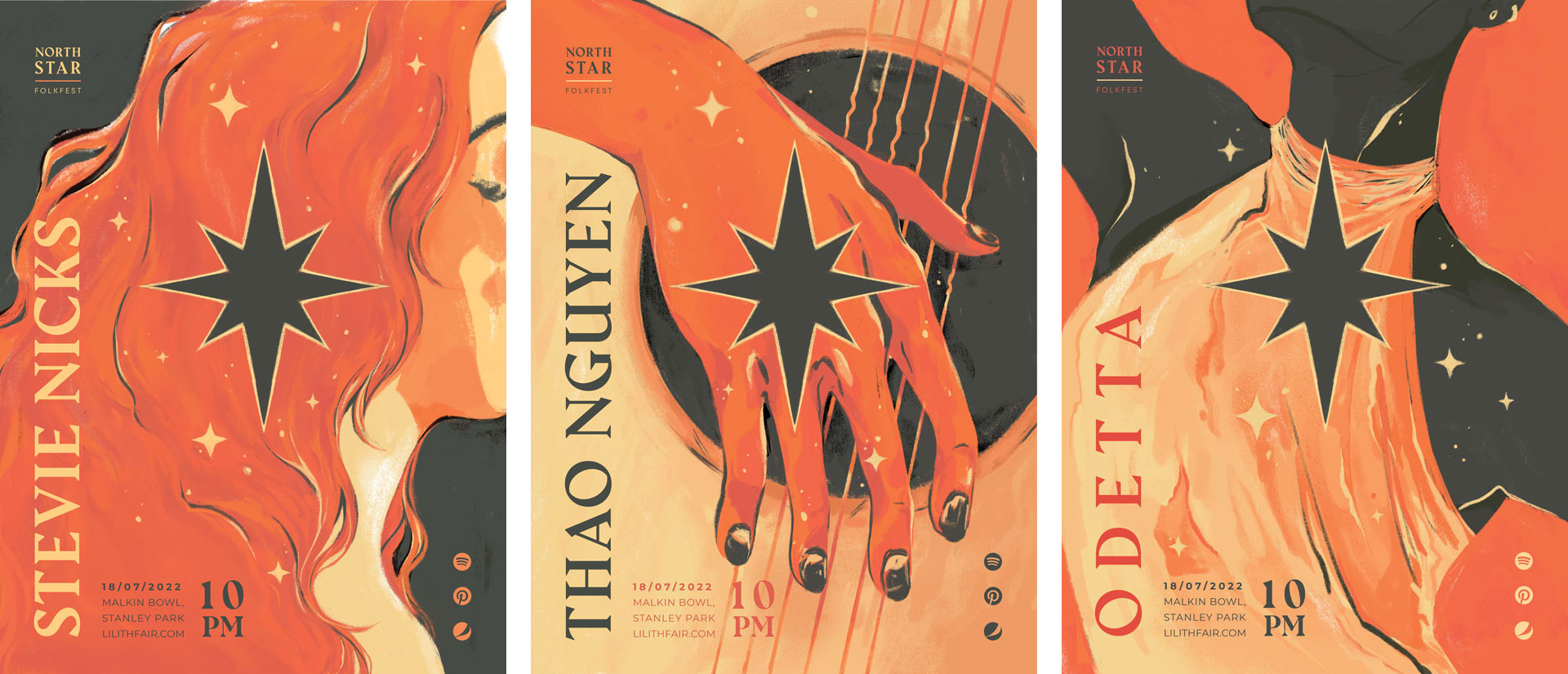 Three illustrated posters featuring close crops of a woman’s face, hands on a guitar, and a woman dancing, overlaid with a star in the centre.