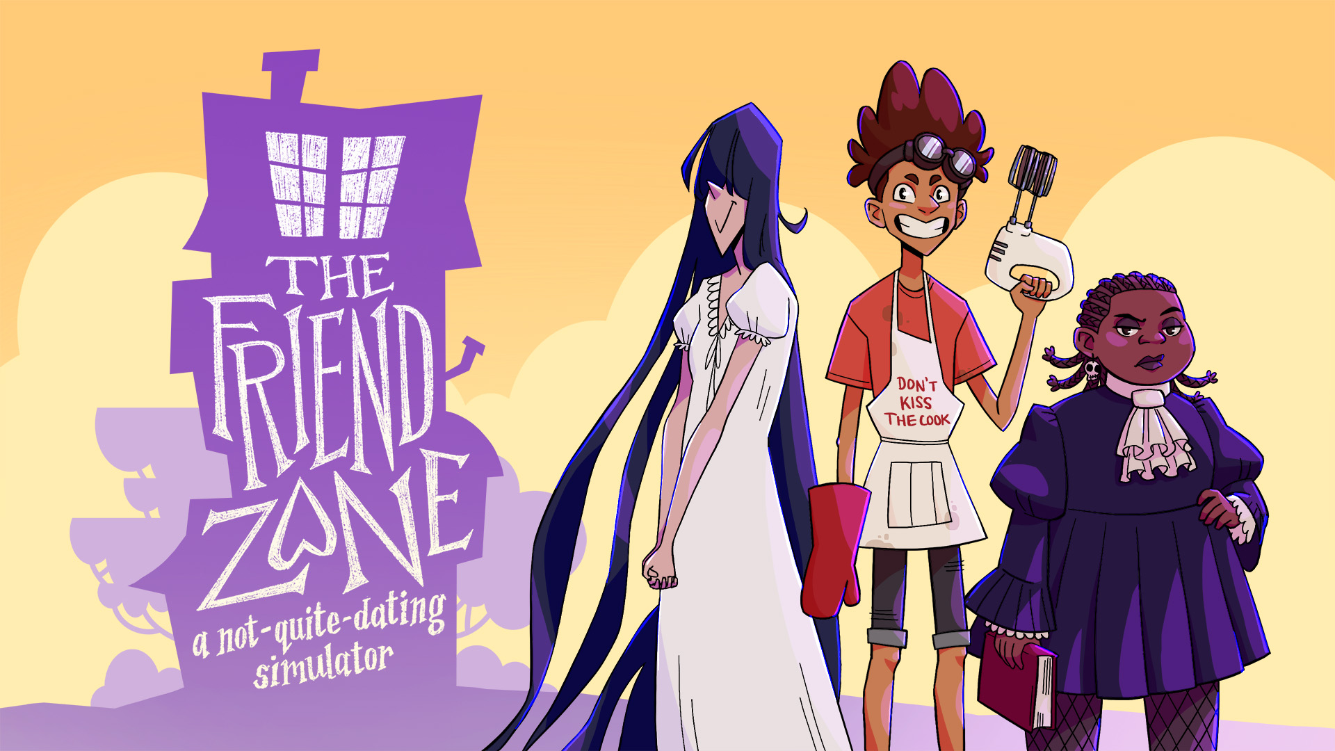 Three quirky illustrated characters stand on the right-hand side. On the left, hand-drawn lettering reads “The Friend Zone: a not-quite-dating simulator” inside the purple silhouette of a tall and rickety house.