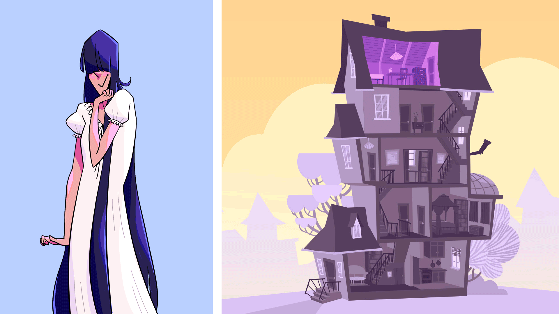 On the left, an animated GIF shows a girl with long blue hair and a white nightgown alternating between surprised, sneaky, pouty, and disappointed poses. On the right, various rooms light up in an illustrated cross-section of a tall and rickety house.