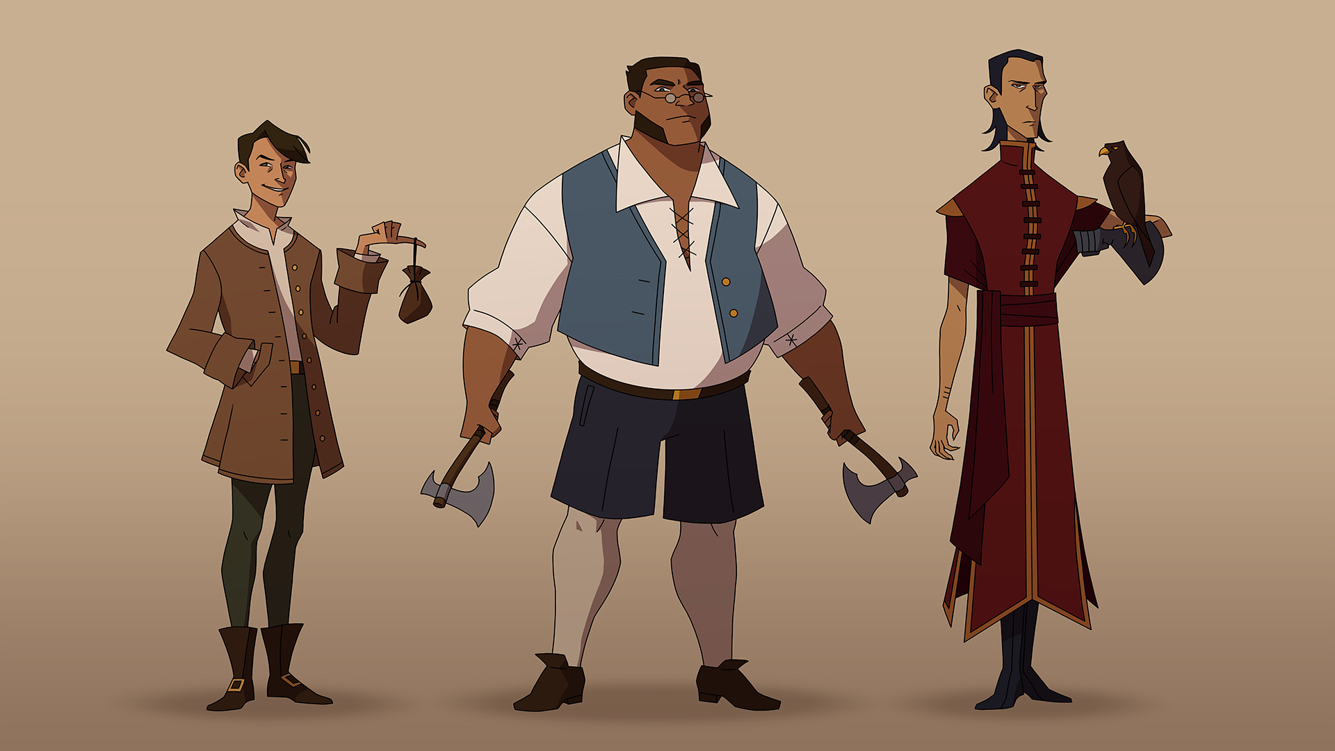 Three illustrated characters stand in a lineup: first, a slight man wearing a plain brown coat and a sneaky expression on his face; second, a brawny man with tiny round glasses, holding an axe in either hand; third, a tall and slim man with angular features and a long red coat, holding a falcon on his arm.