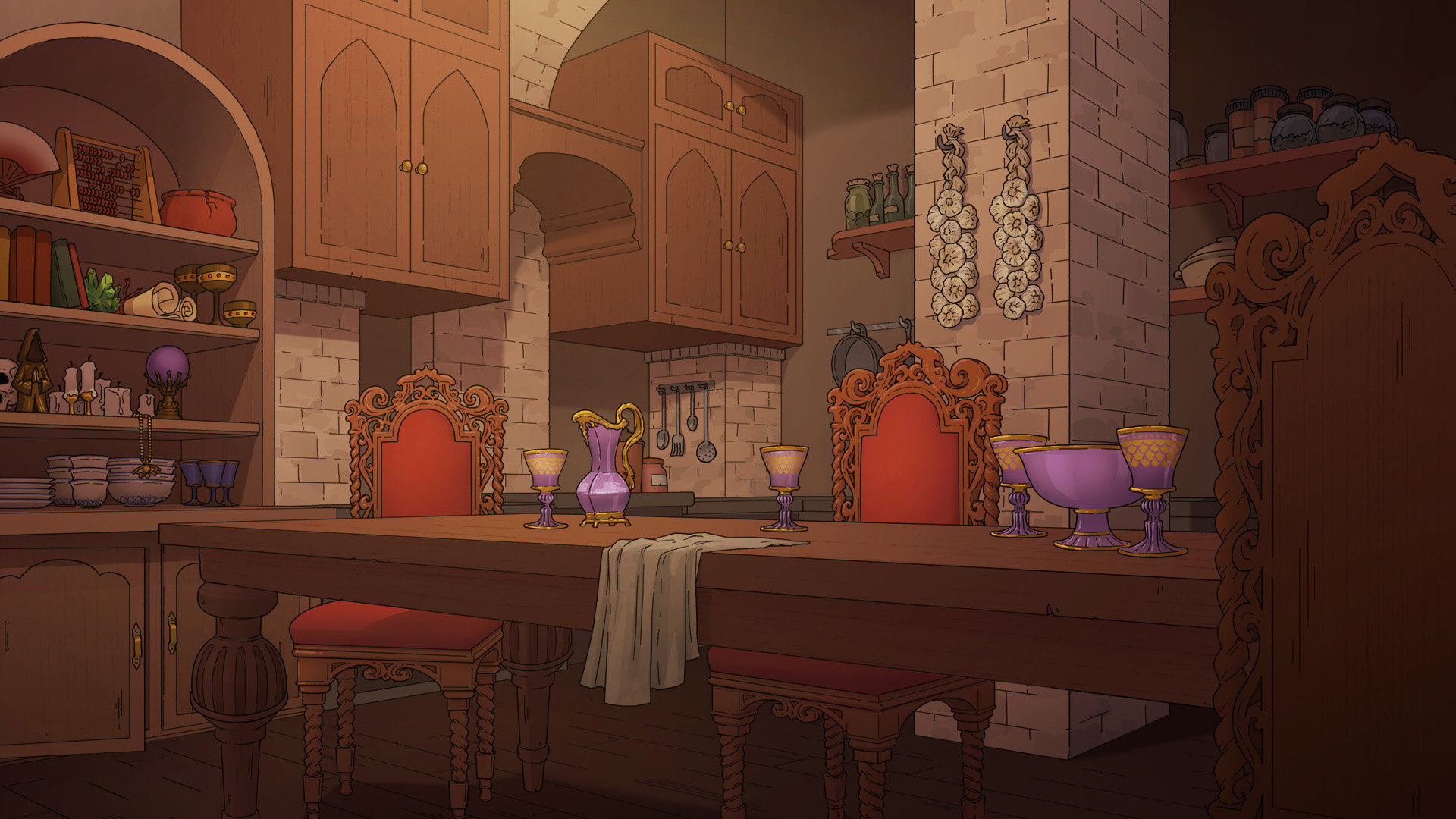 A detailed illustration shows a warmly lit dining table in a kitchen with stone walls and vaulted ceilings. There is expensive-looking purple glassware on the table and a cabinet in the background is filled with a variety of strange and esoteric objects.