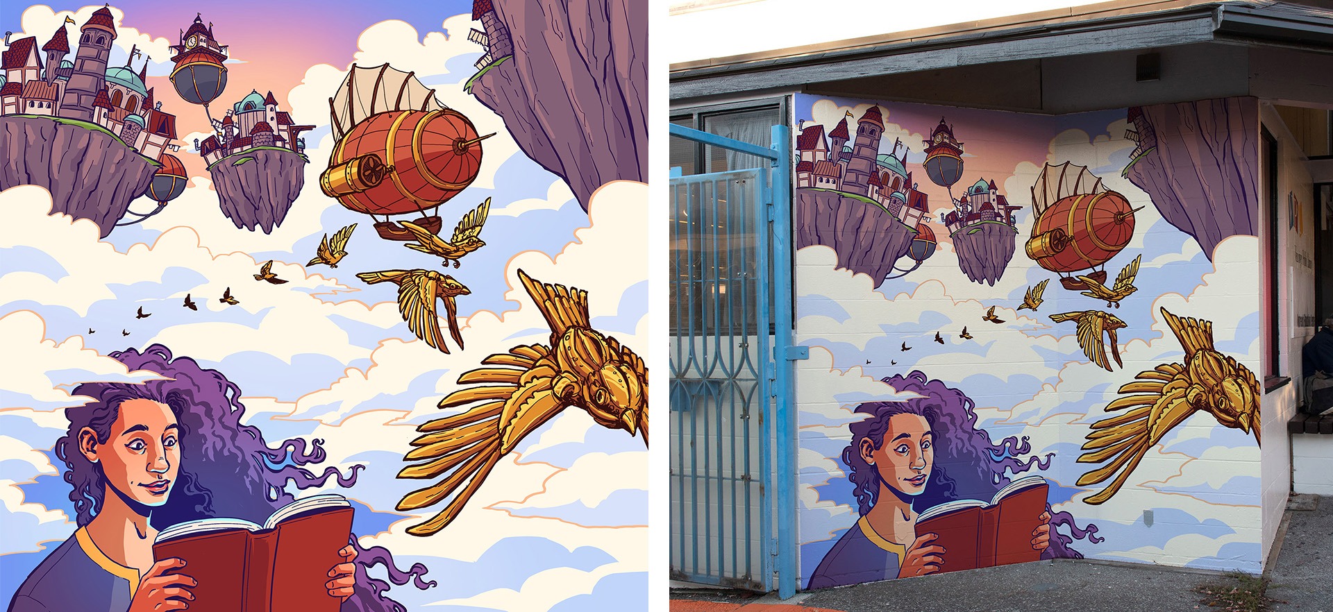 On the left, an illustration depicts a woman with flowing purple hair reading a book that gives off a magical blue light. Behind her, mechanical brass birds fly through a cloudscape with several rocky floating islands and a red steampunk airship. On the right, the same illustration is mocked up as a mural on an exterior white brick wall.
