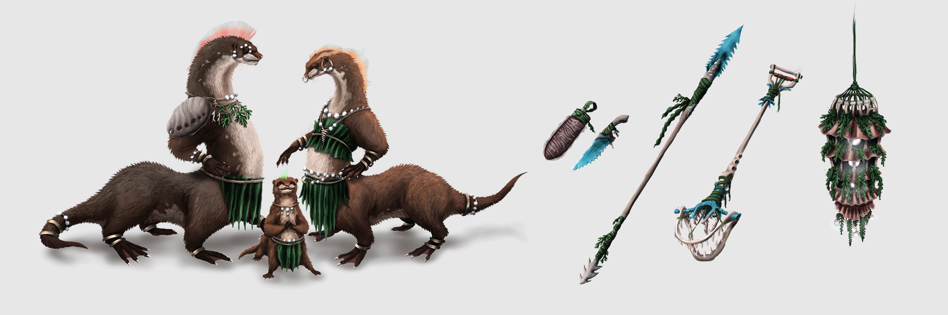 A GIF switches between two images. The first image shows painted concepts of the Otteroids, and a knife, spear, grabber, and light. The next image is an assembly of sketches for the Otteroids, and tools (or props).