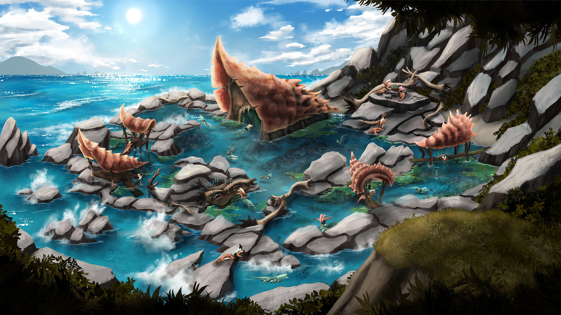 A full-scale digital painting of the Otteroids’ environment showing large shells for roofing and driftwood for structural supports.