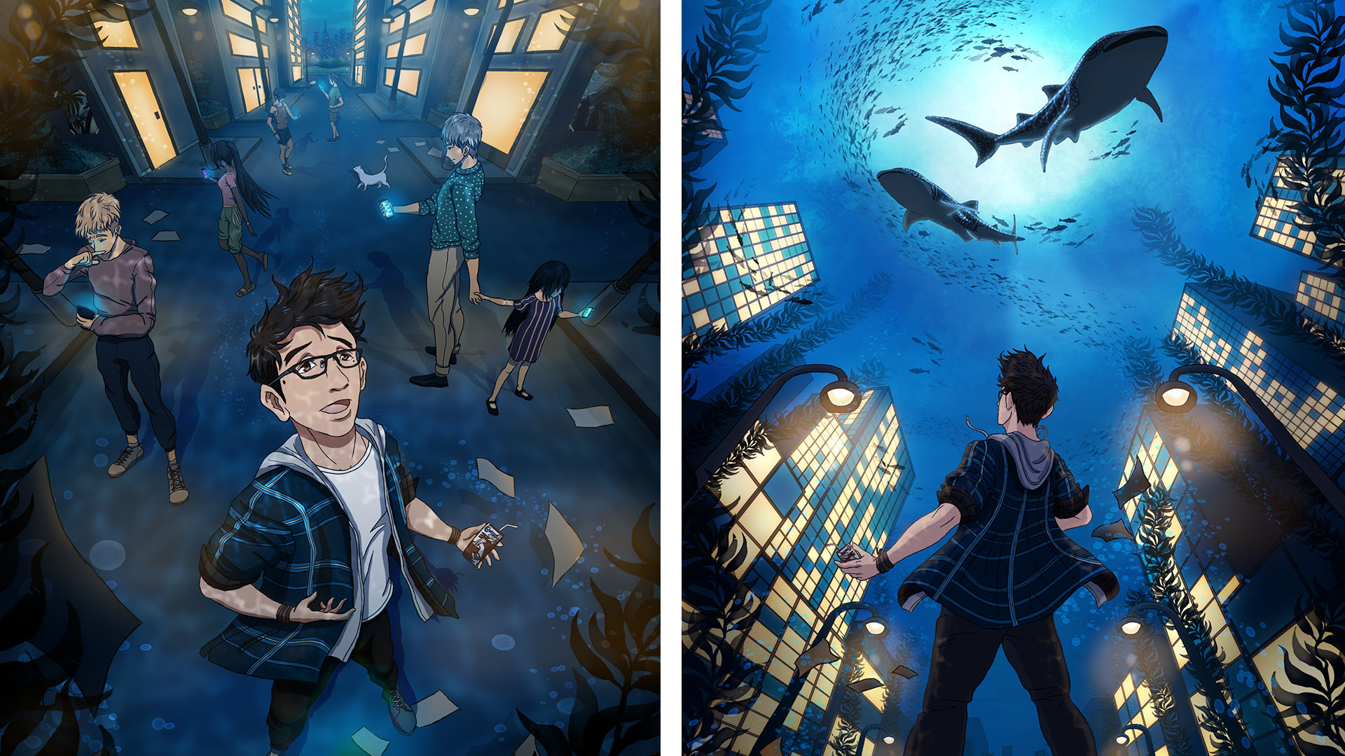 An image on the left shows people looking at their phones while one of them is looking up as paper floats with bubbles trailing behind. The right image is of a lit city with two whale sharks swimming above it.